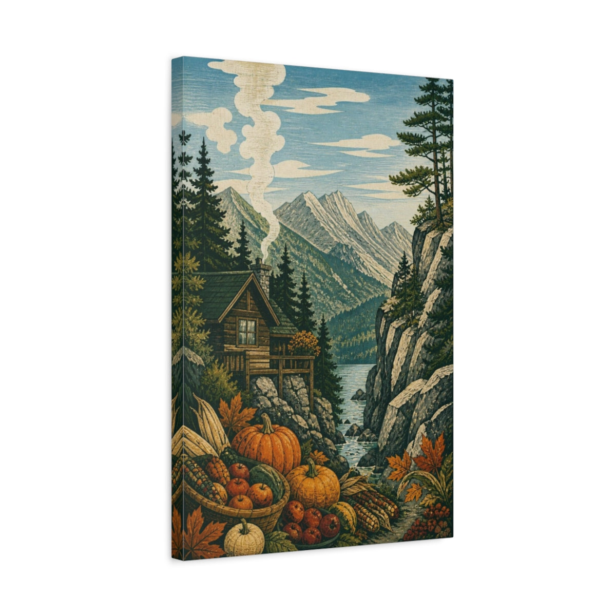 Side Mockup 3. Mountain Cabin Harvest shown as canvas print