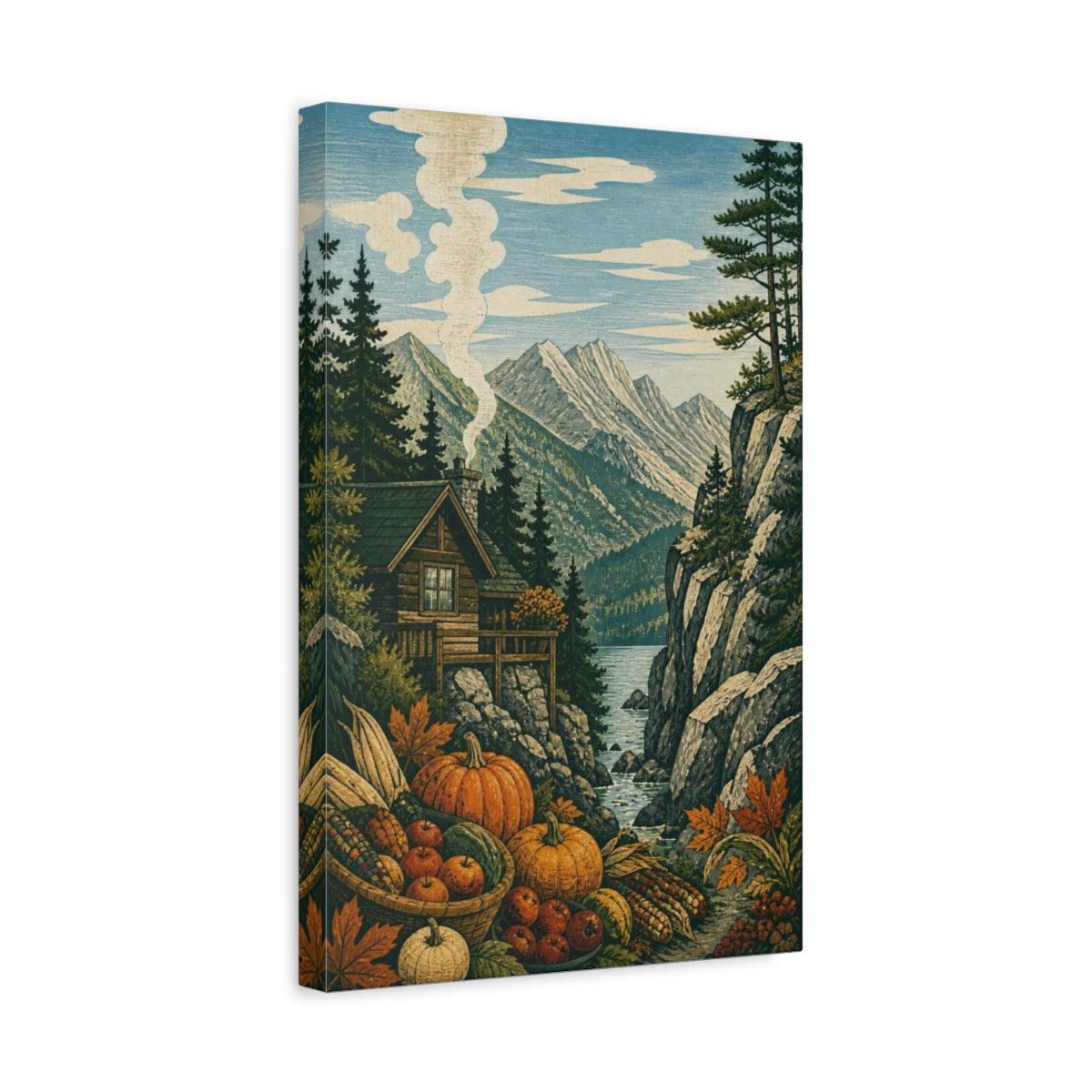 Side Mockup 4. Mountain Cabin Harvest shown as canvas print