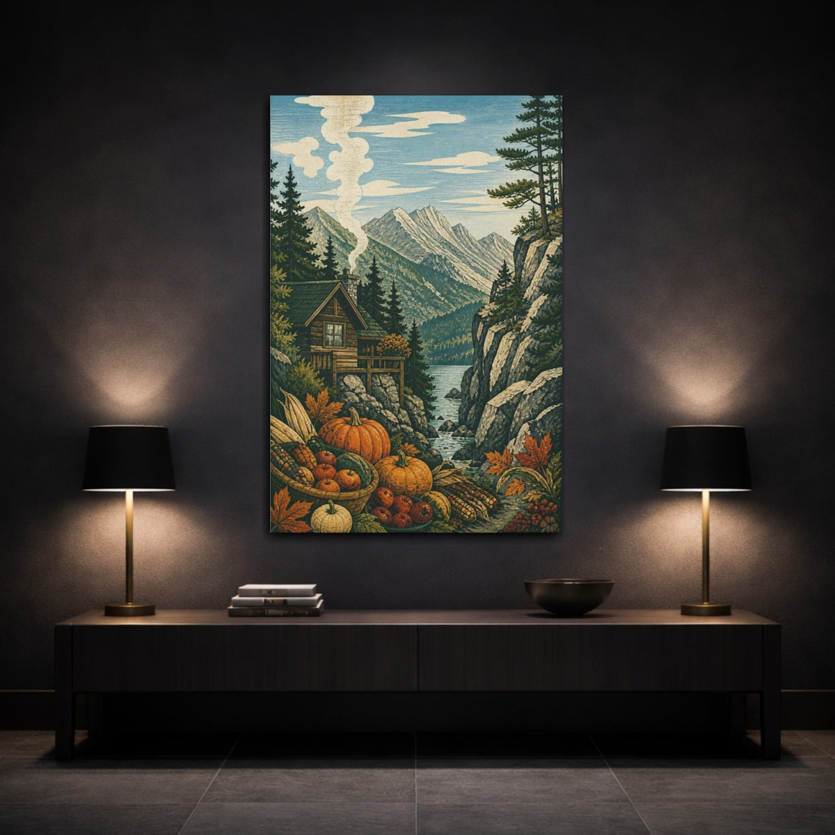 Mockup 3. Mountain Cabin Harvest shown as canvas print