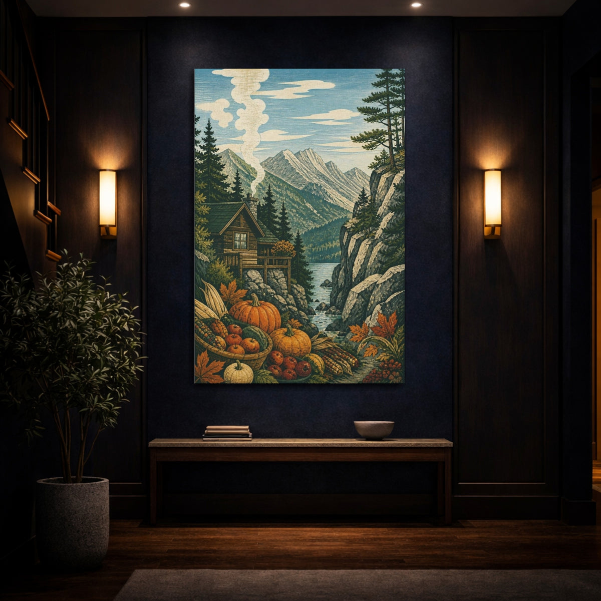Mockup 4. Mountain Cabin Harvest shown as canvas print