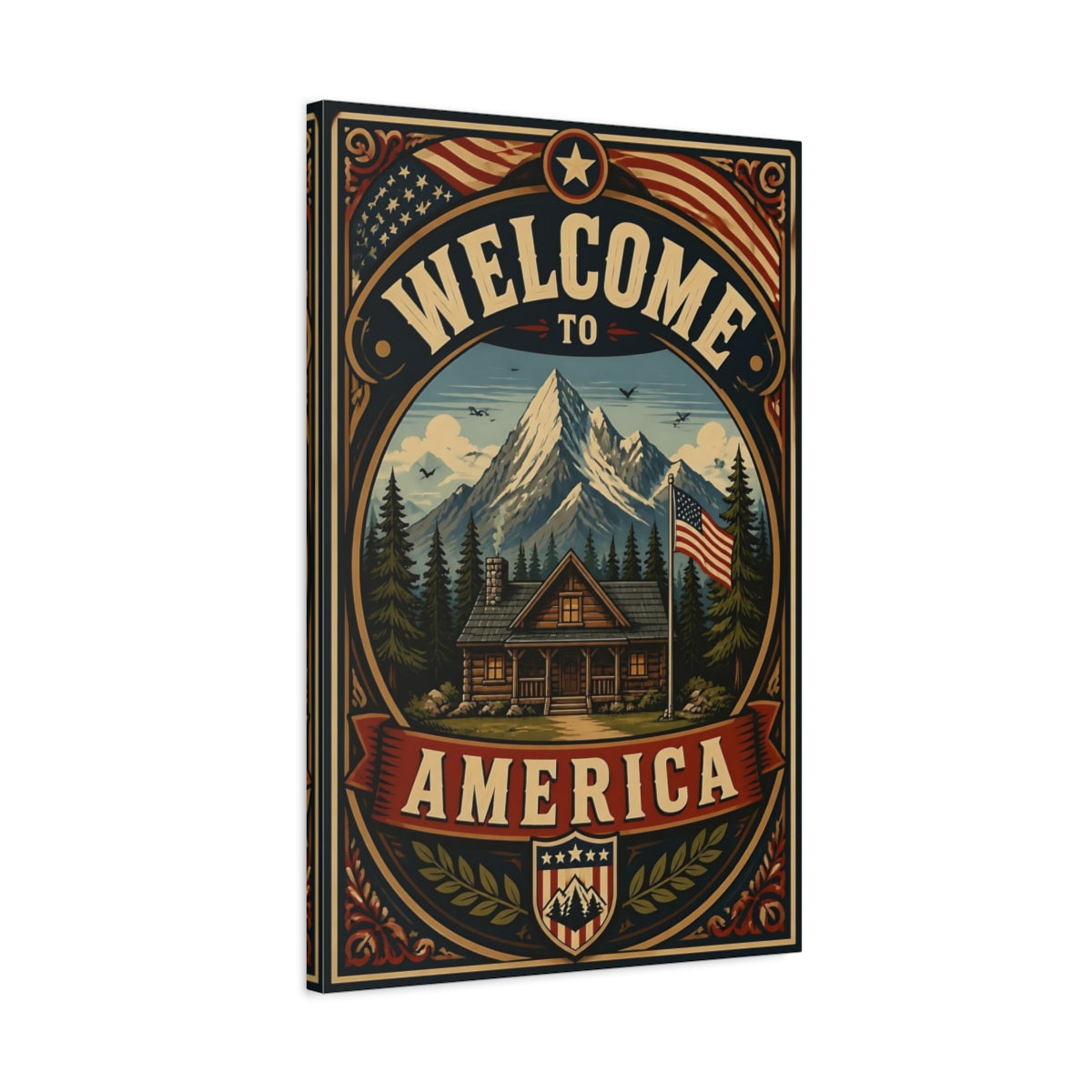 Side Mockup 2. Mountain Cabin Welcome Sign shown as canvas print