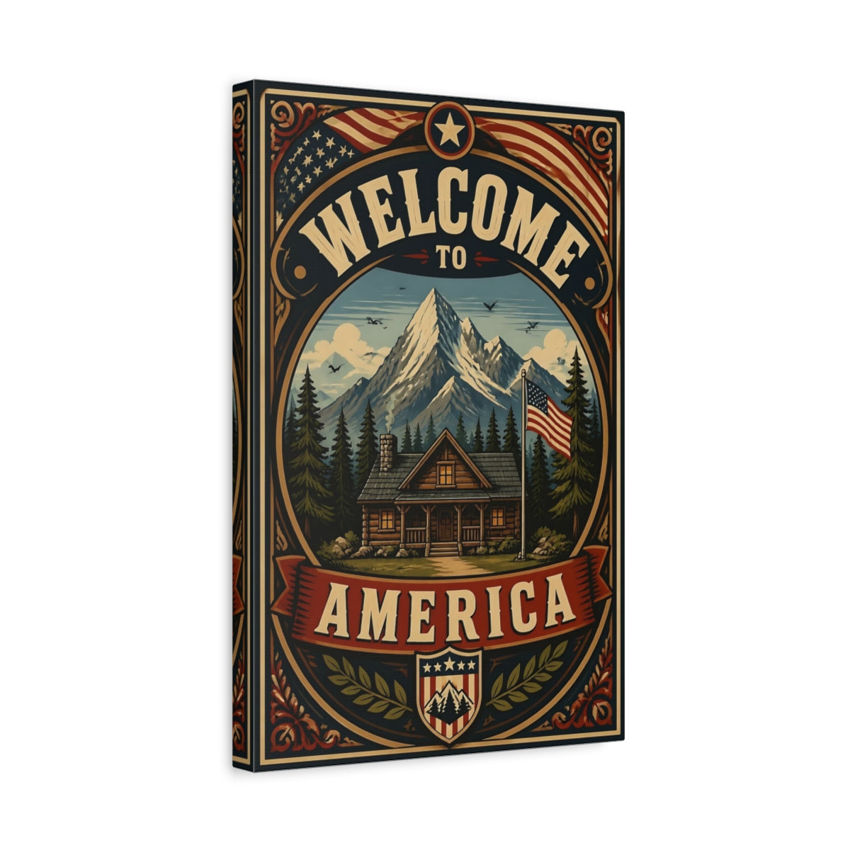 Side Mockup 4. Mountain Cabin Welcome Sign shown as canvas print