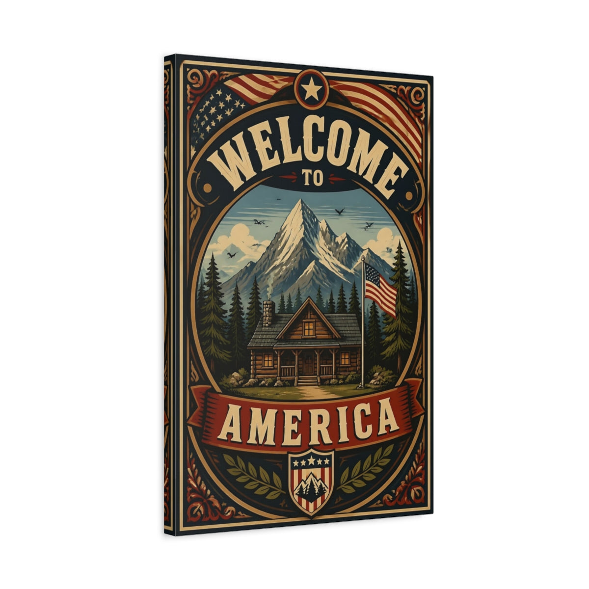 Side Mockup 3. Mountain Cabin Welcome Sign shown as canvas print