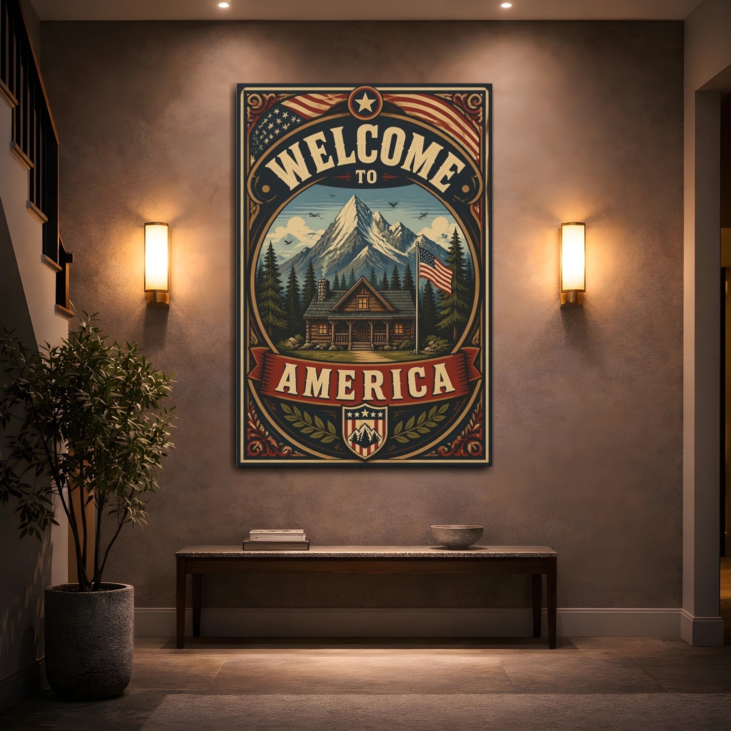 Mockup 2. Mountain Cabin Welcome Sign shown as canvas print