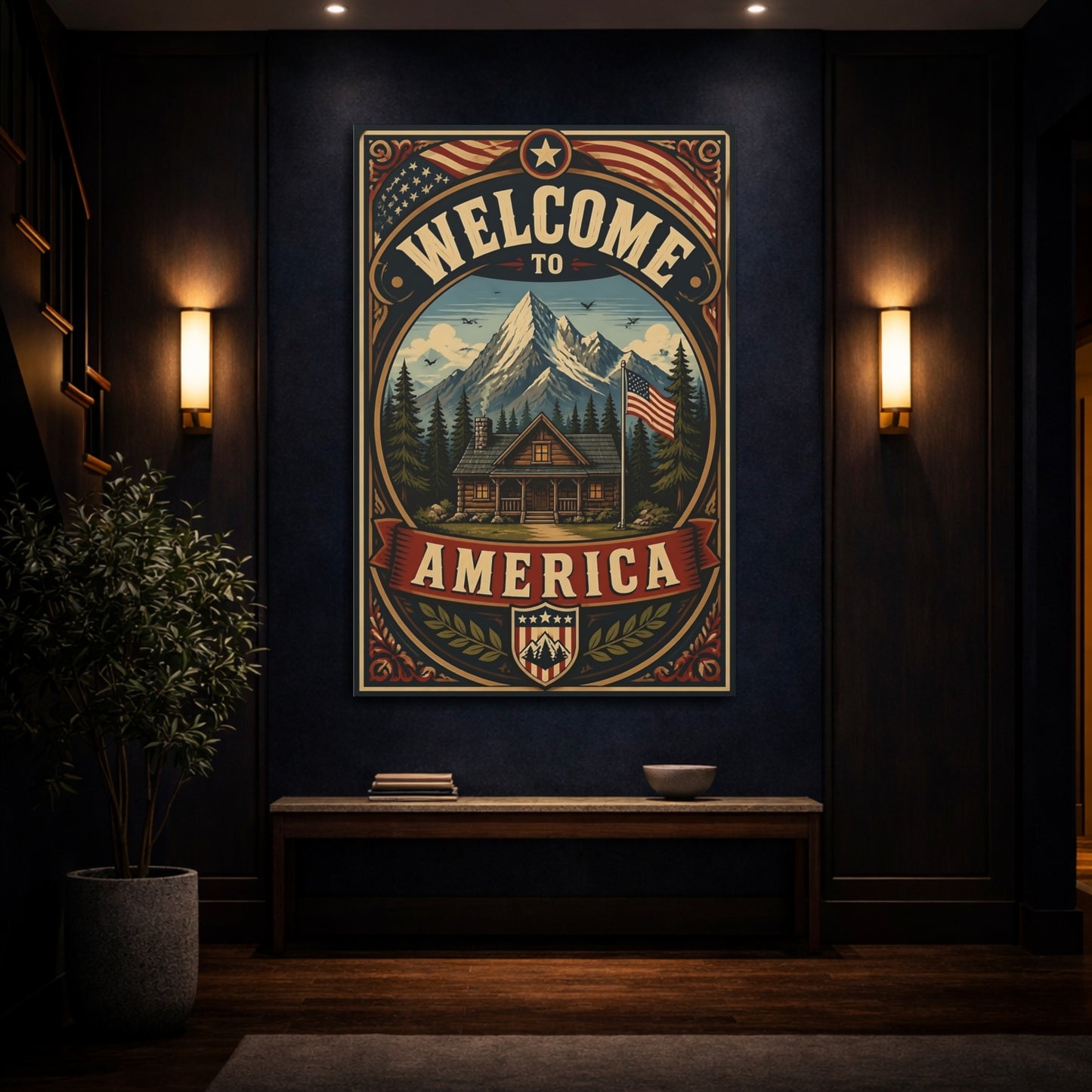 Mockup 4. Mountain Cabin Welcome Sign shown as canvas print