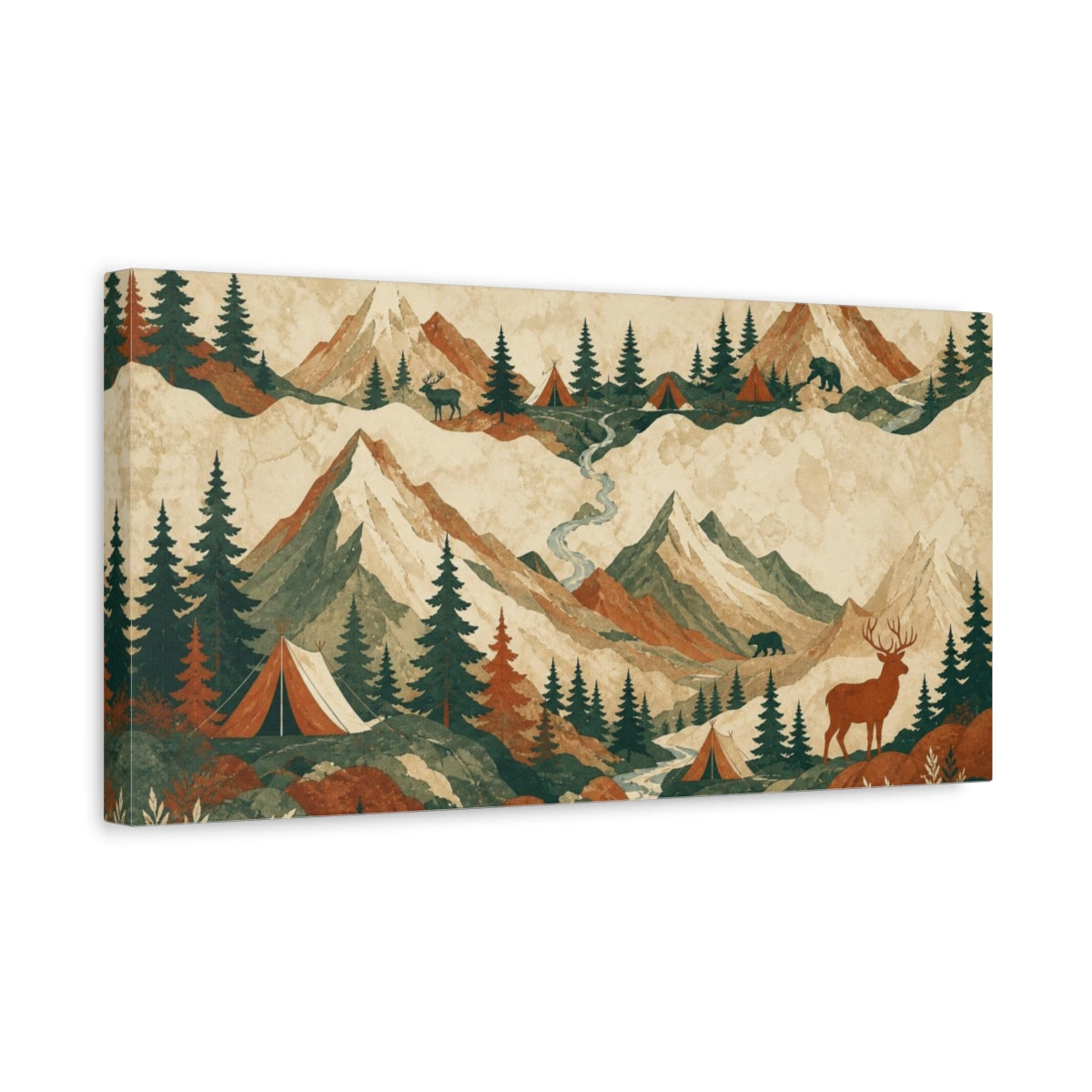 Side Mockup 3. Mountain Camp Landscape shown as canvas print