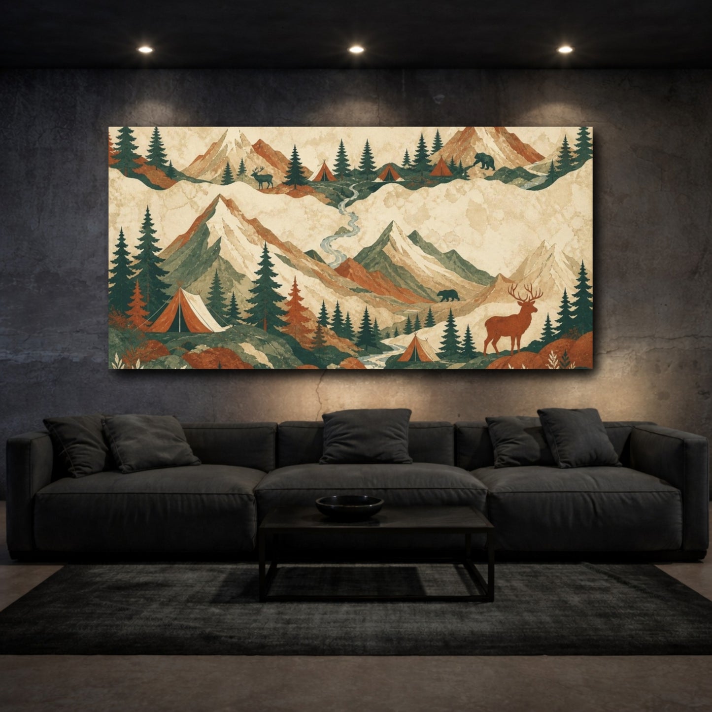 Mockup 3. Mountain Camp Landscape shown as canvas print