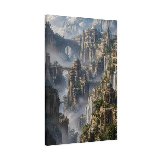 Main Mockup. Mountain Citadel With Waterfalls shown as canvas print