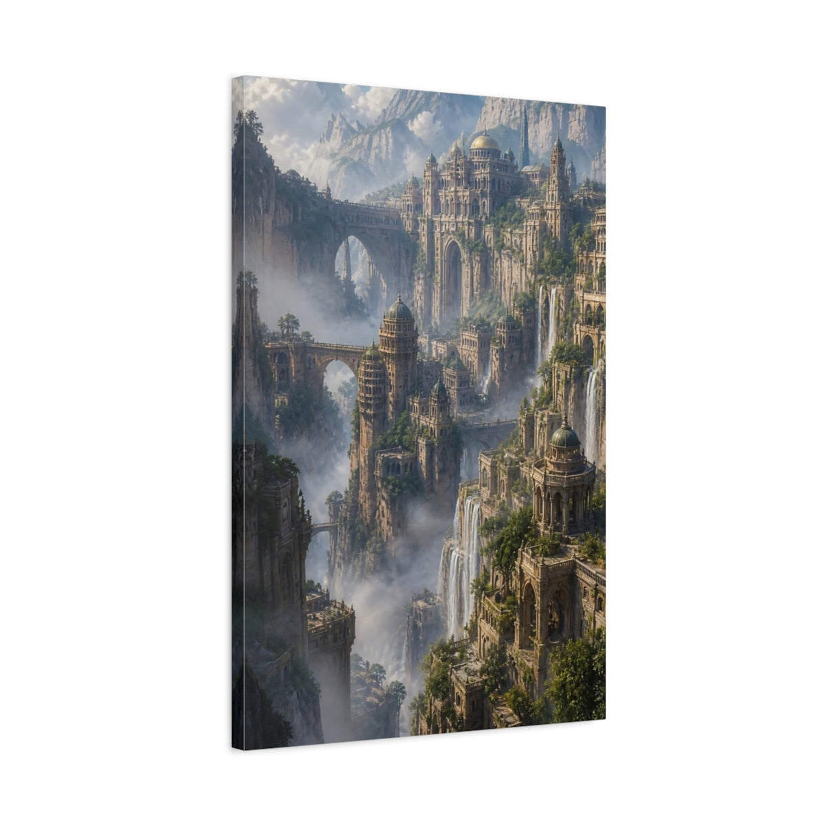 Side Mockup 2. Mountain Citadel With Waterfalls shown as canvas print