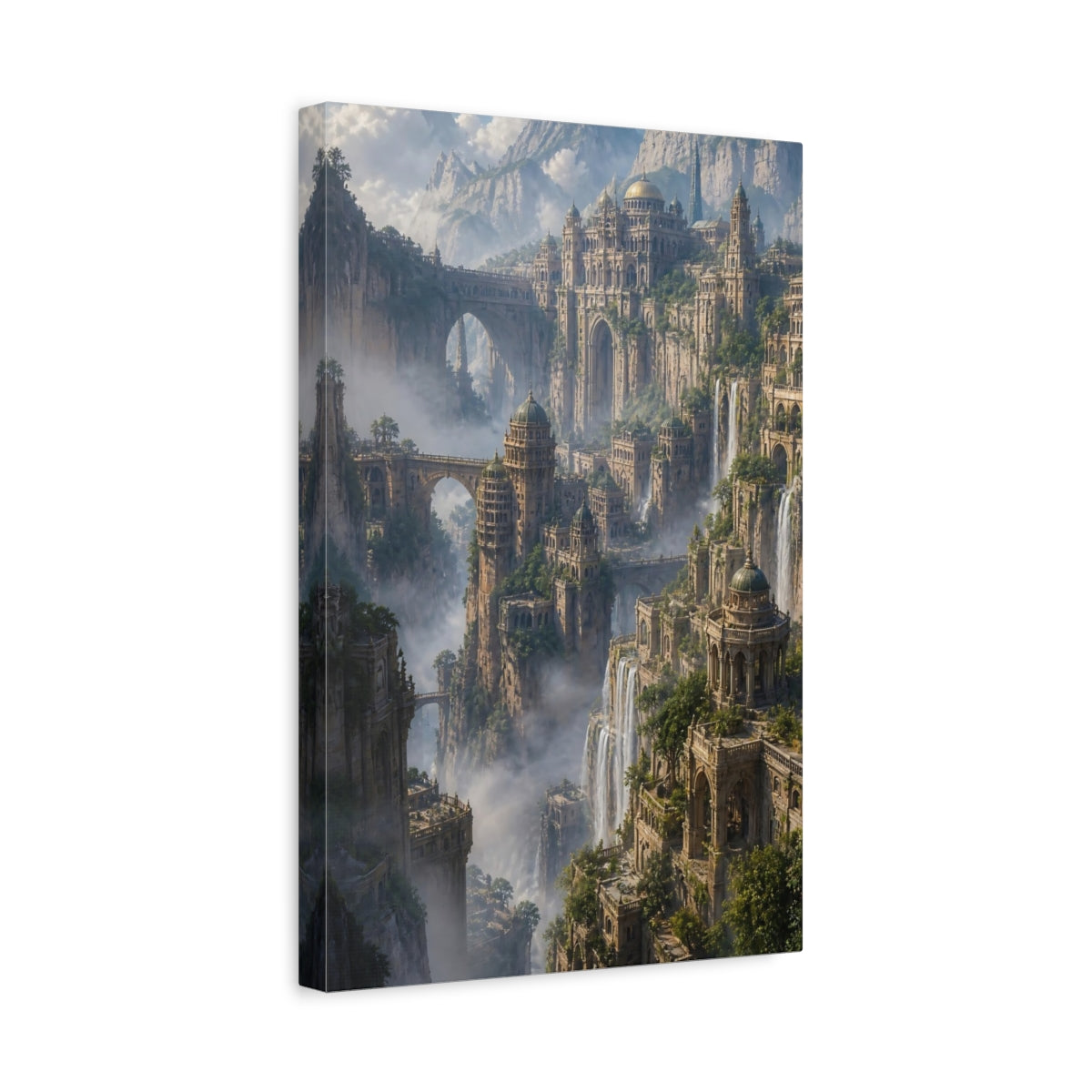 Side Mockup 4. Mountain Citadel With Waterfalls shown as canvas print