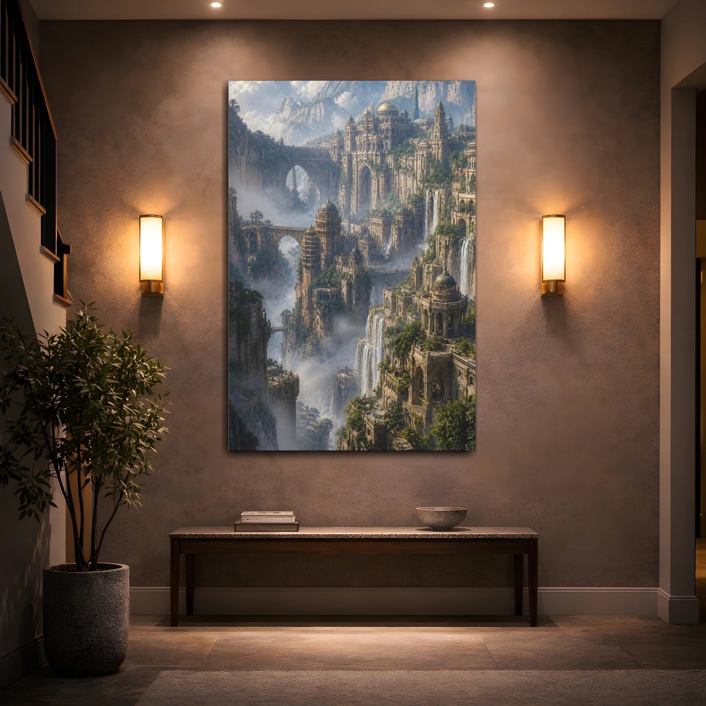 Mockup 2. Mountain Citadel With Waterfalls shown as canvas print
