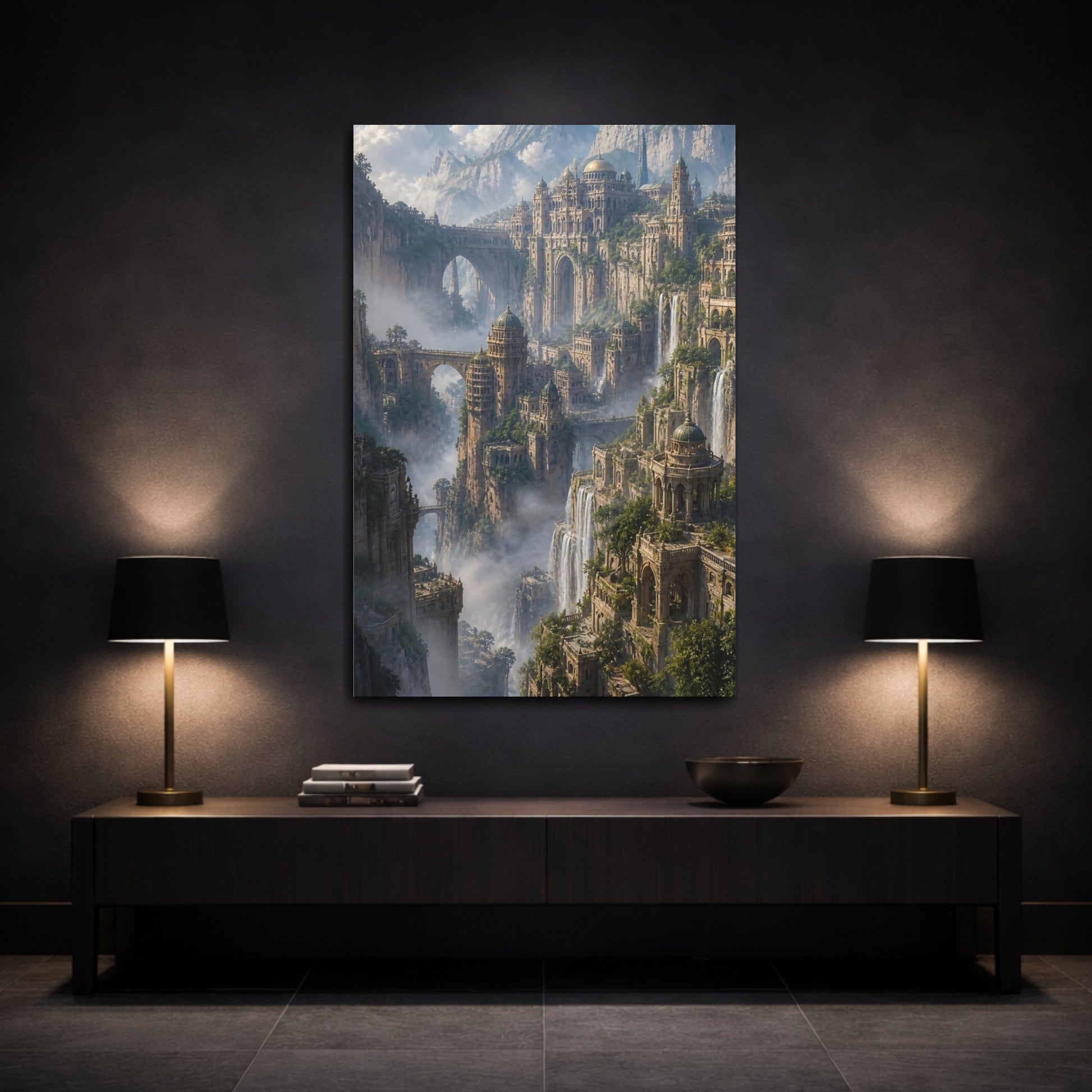 Mockup 3. Mountain Citadel With Waterfalls shown as canvas print