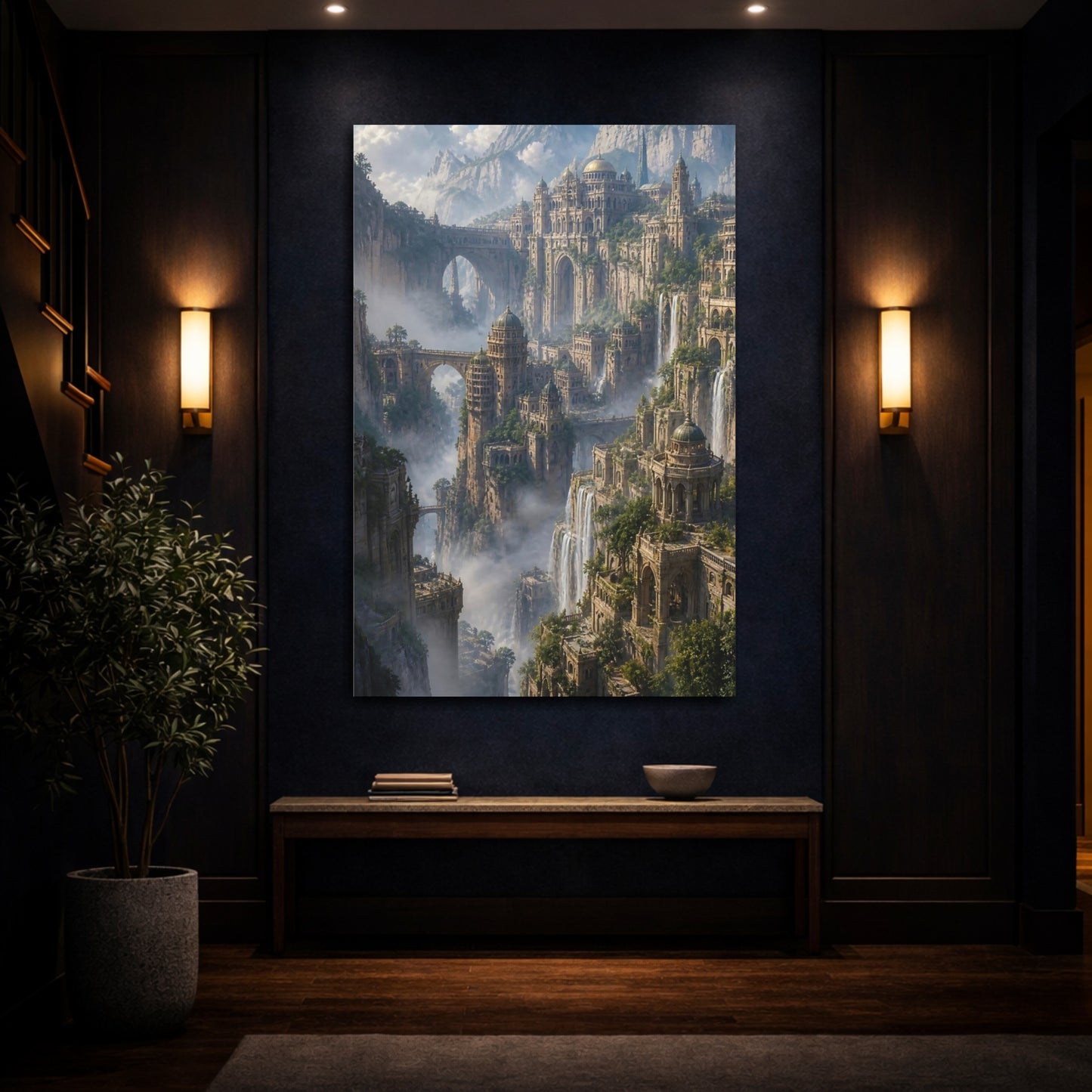 Mockup 4. Mountain Citadel With Waterfalls shown as canvas print