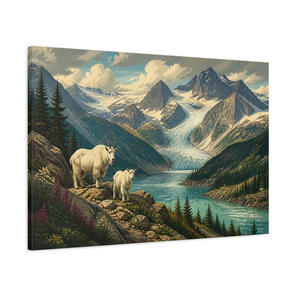 Main Mockup. Mountain Goats By Glacier Lake shown as canvas print