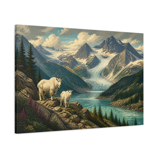 Mountain Goats By Glacier Lake Canvas Print Wall Art – Living Room Decor, Above Fireplace - YesArtYes