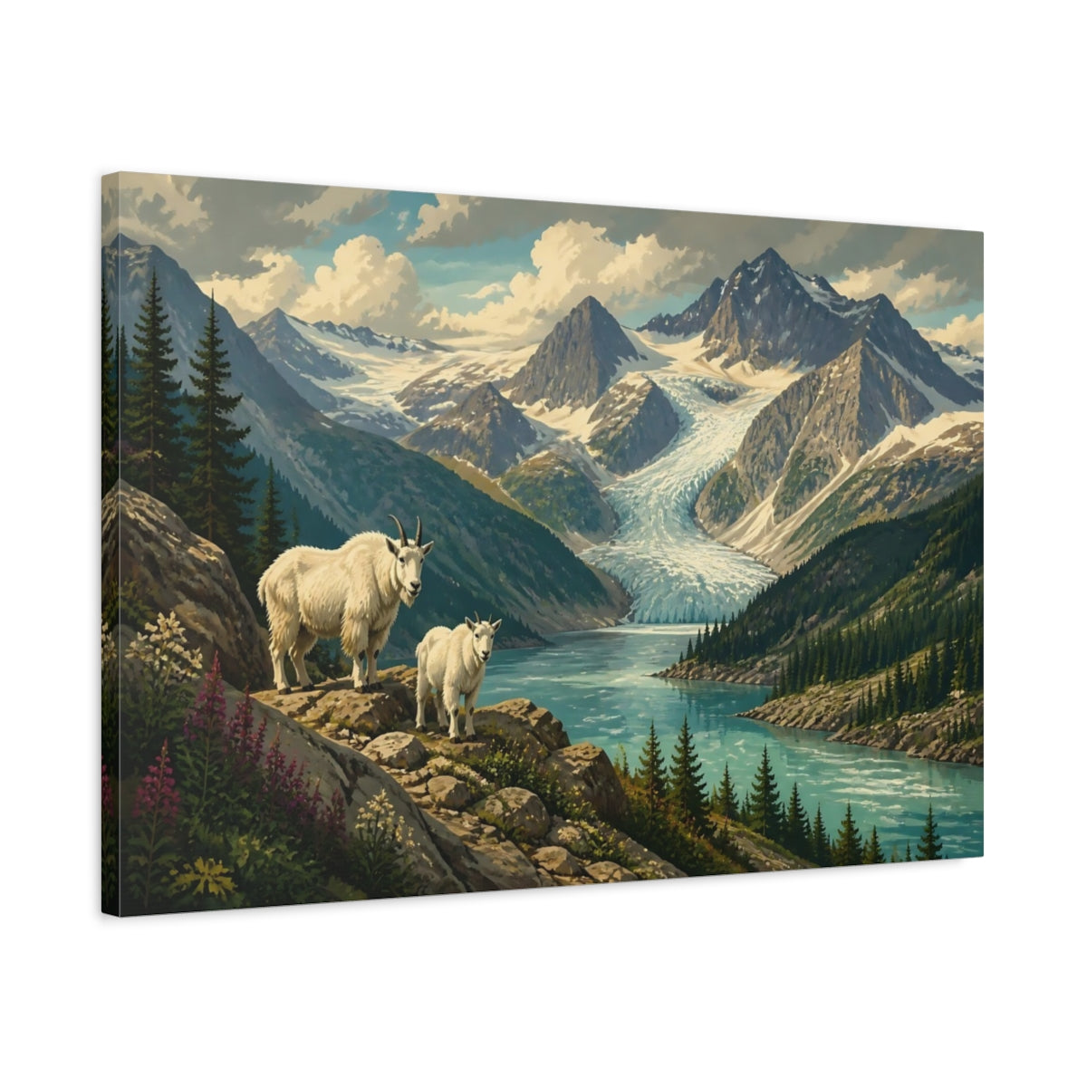 Side Mockup 2. Mountain Goats By Glacier Lake shown as canvas print