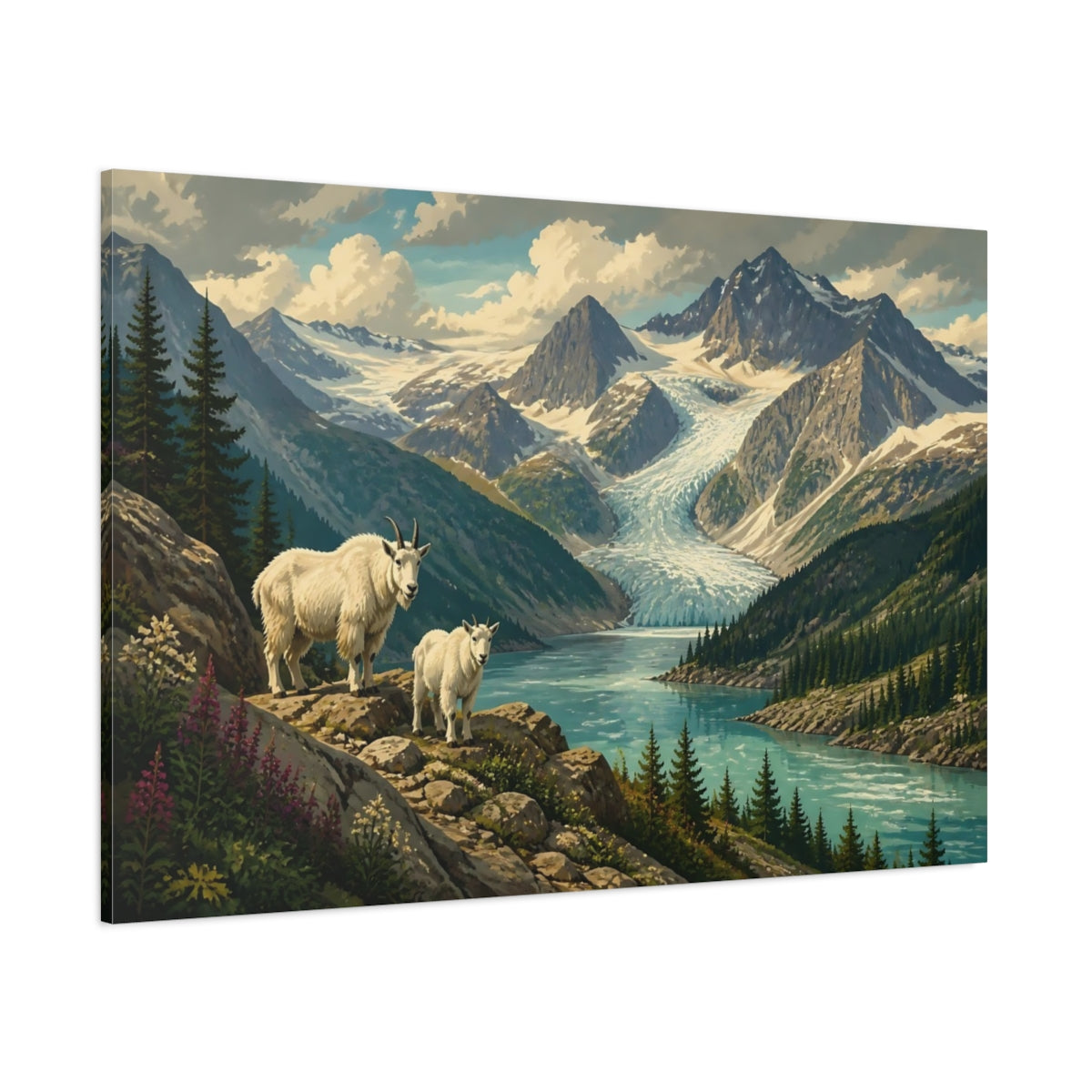 Side Mockup 1. Mountain Goats By Glacier Lake shown as canvas print