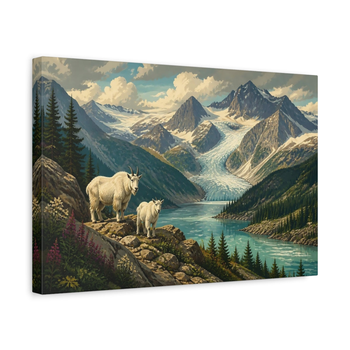 Side Mockup 4. Mountain Goats By Glacier Lake shown as canvas print