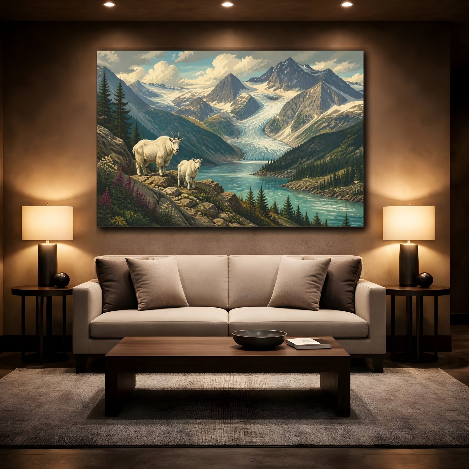 Mockup 2. Mountain Goats By Glacier Lake shown as canvas print