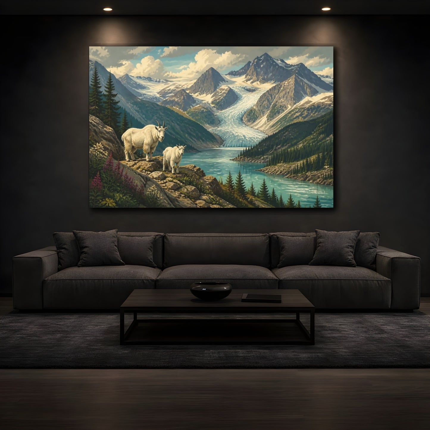 Mockup 3. Mountain Goats By Glacier Lake shown as canvas print