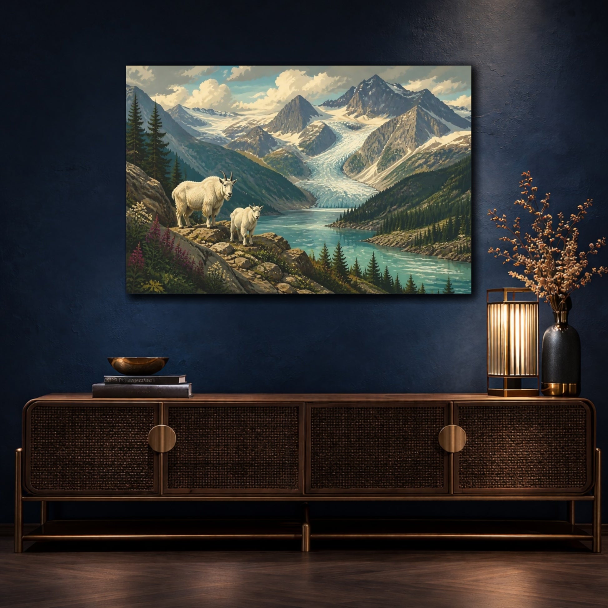 Mockup 4. Mountain Goats By Glacier Lake shown as canvas print