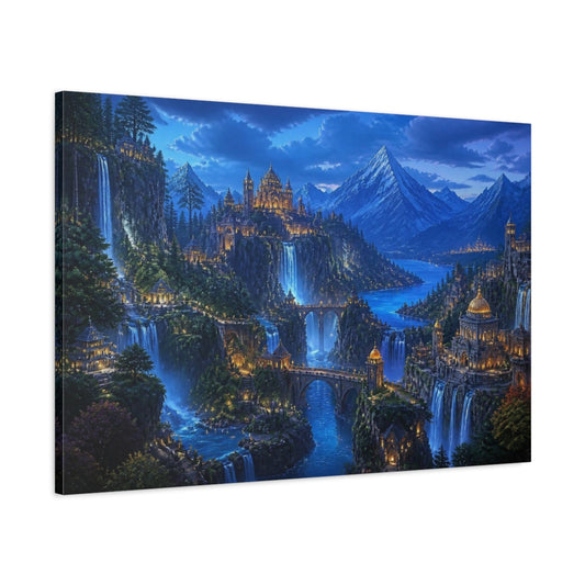 Main Mockup. Mountain Kingdom At Blue Hour shown as canvas print