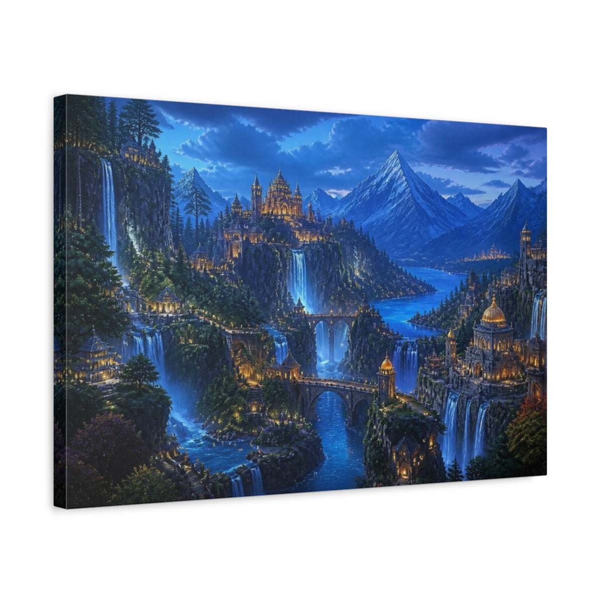 Side Mockup 3. Mountain Kingdom At Blue Hour shown as canvas print