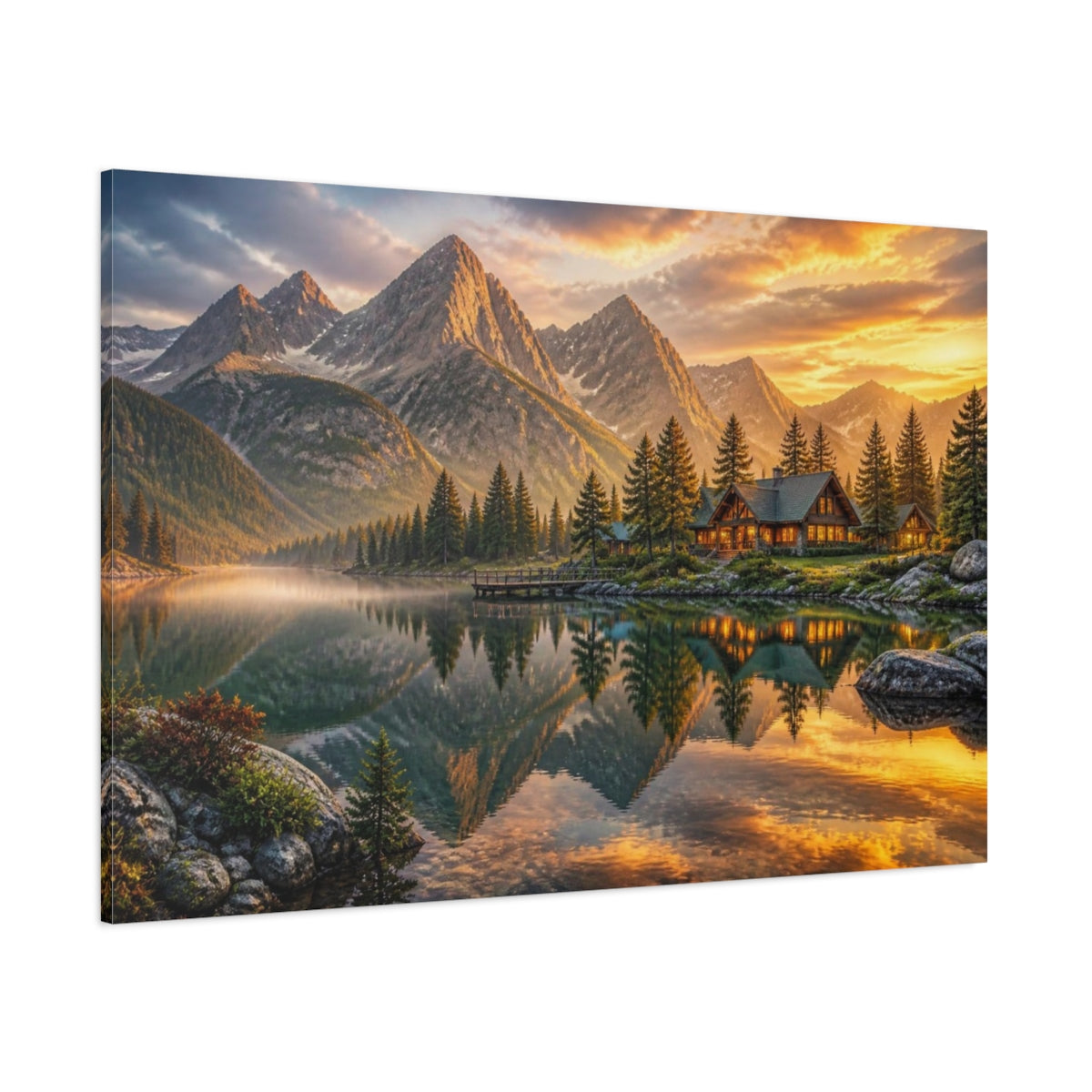 Side Mockup 1. Mountain Lake Landscape Retreat shown as canvas print