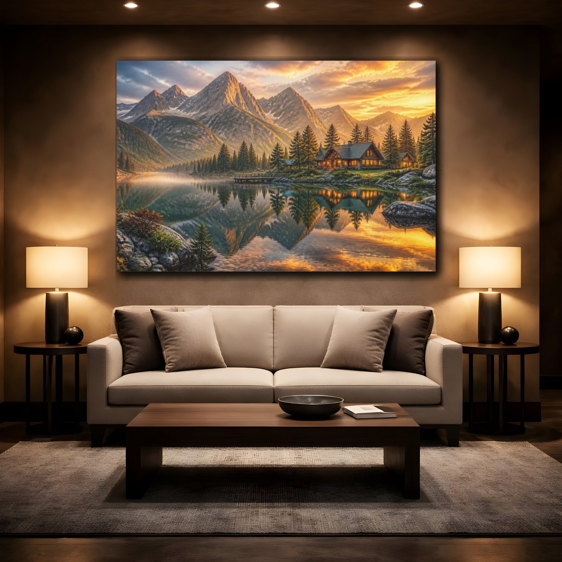 Mockup 2. Mountain Lake Landscape Retreat shown as canvas print