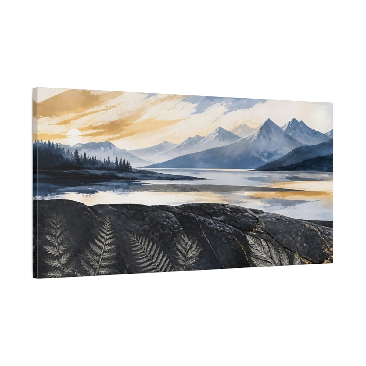 Main Mockup. Mountain Lake Sunrise shown as canvas print