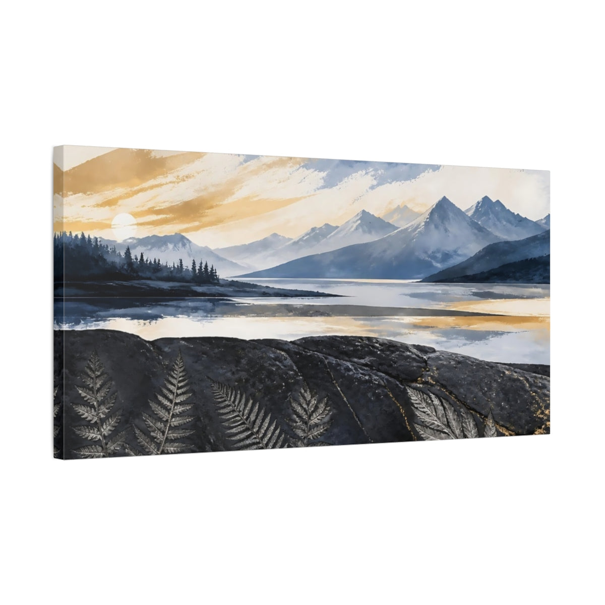 Side Mockup 1. Mountain Lake Sunrise shown as canvas print