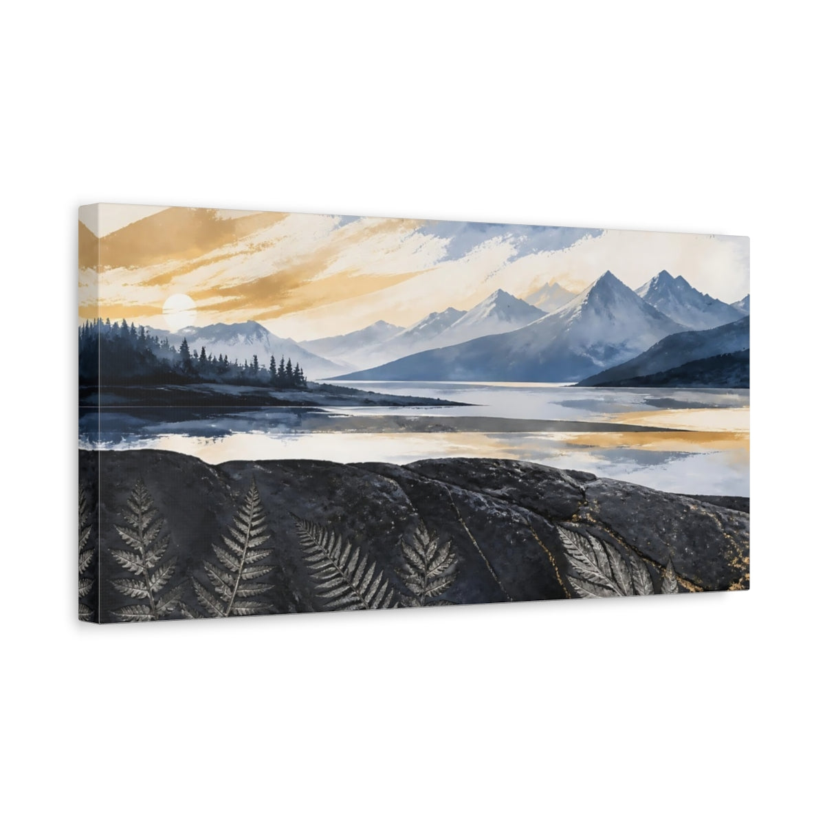 Side Mockup 3. Mountain Lake Sunrise shown as canvas print