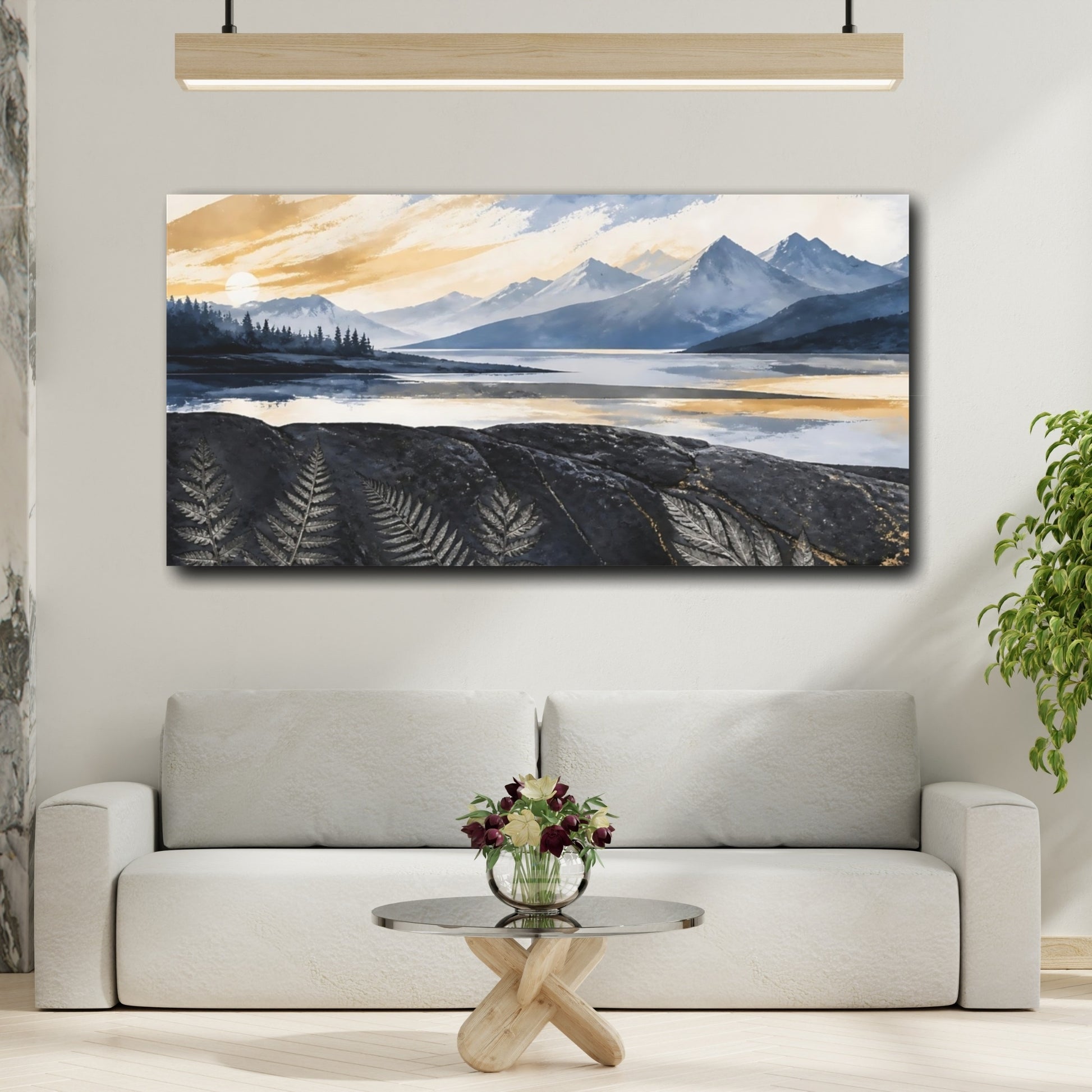 Mockup 2. Mountain Lake Sunrise shown as canvas print