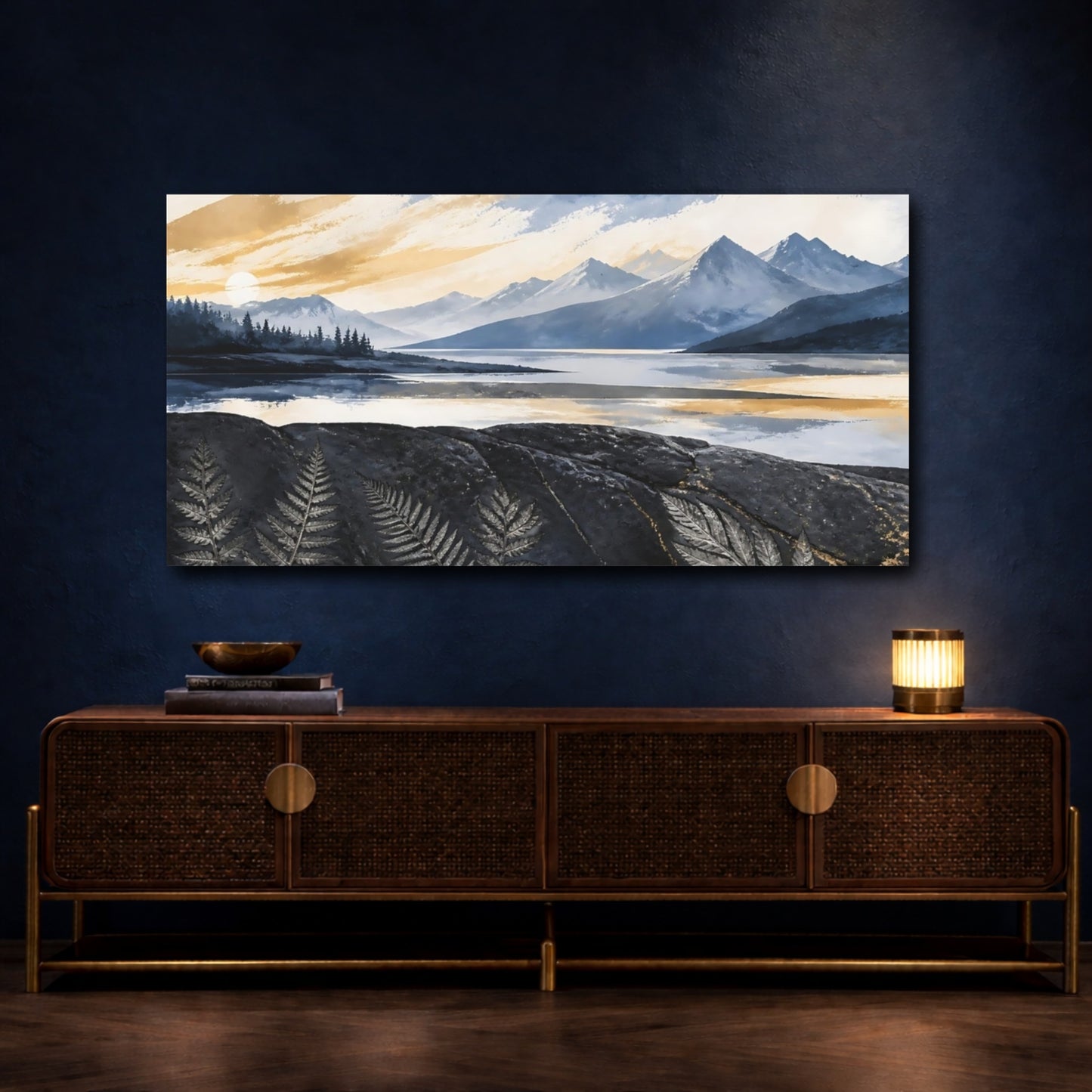 Mockup 4. Mountain Lake Sunrise shown as canvas print