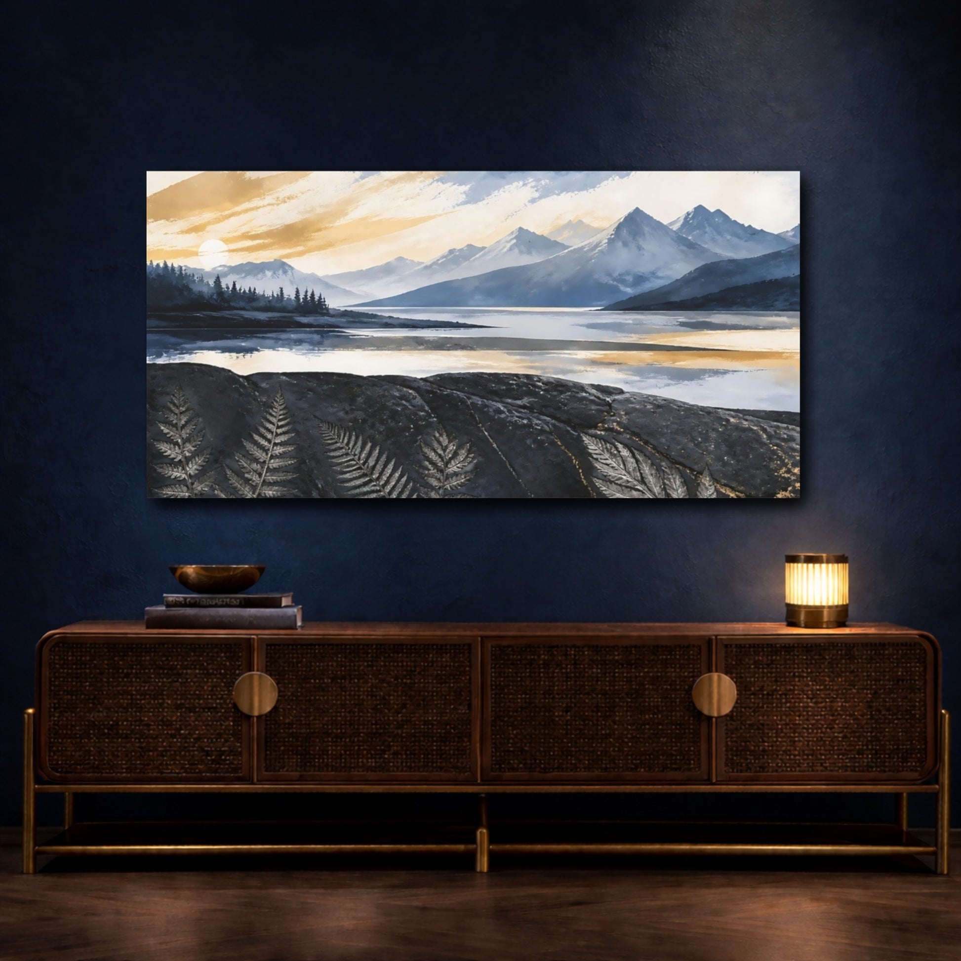 Mockup 4. Mountain Lake Sunrise shown as canvas print