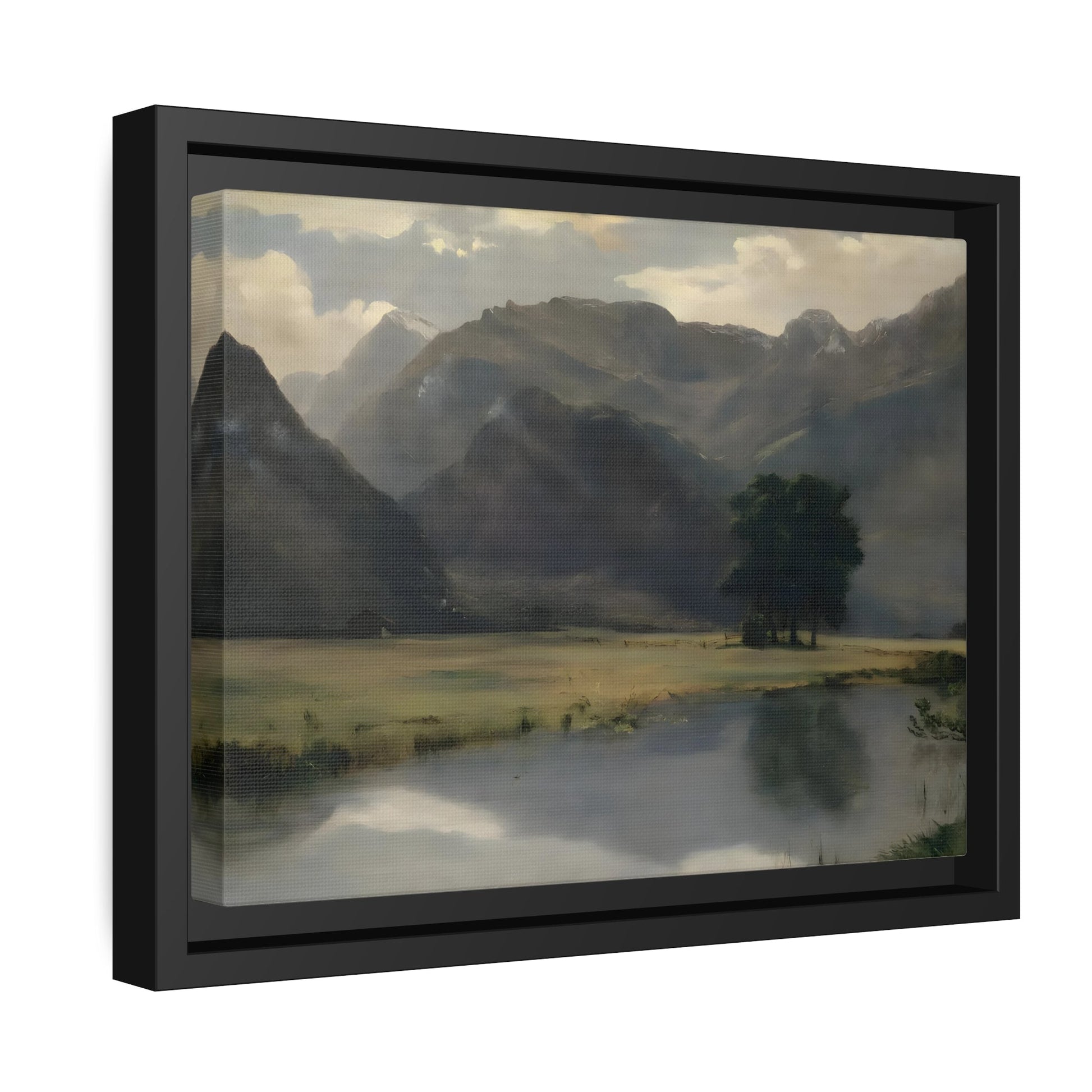 Mountain Landscape with Calm Serene Water Lake - Canvas Wall Art Print Framed in Stylish Frame