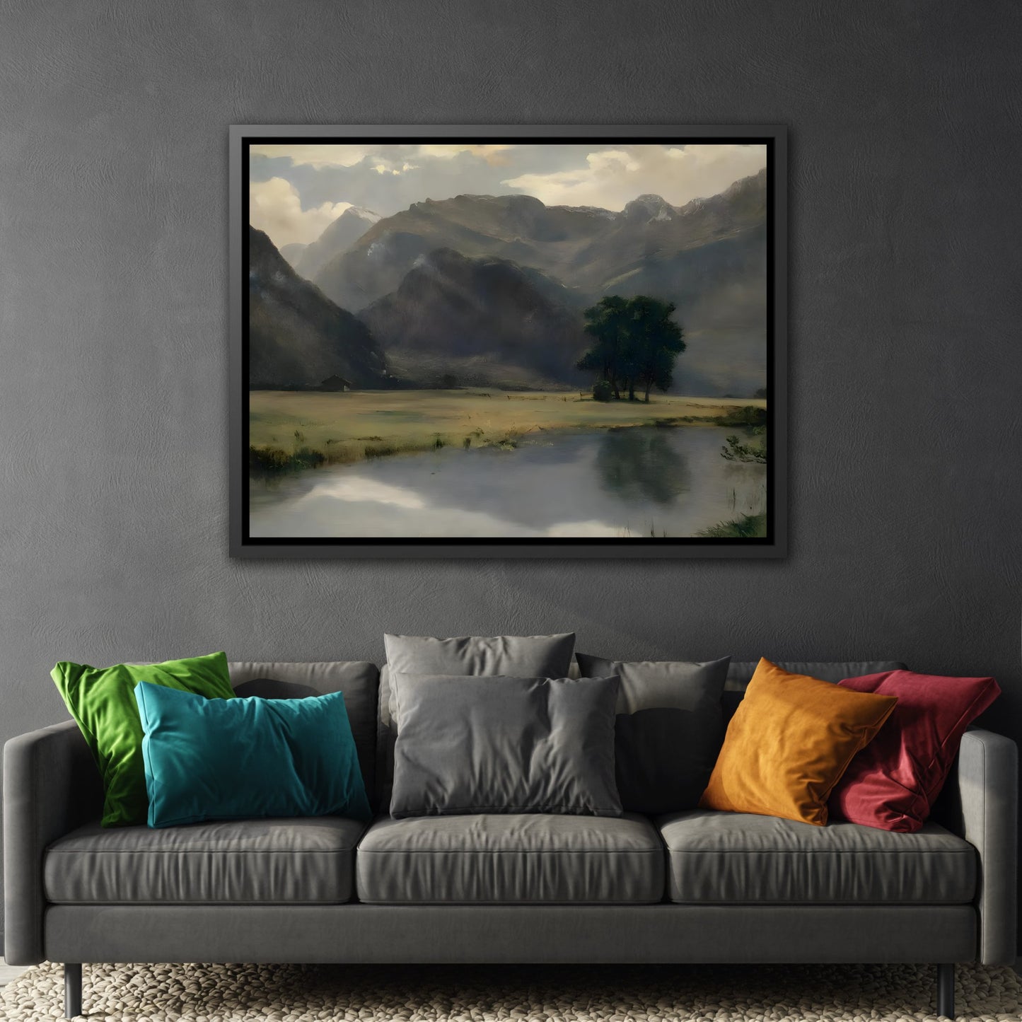 Mountain Landscape with Calm Serene Water Lake - Canvas Wall Art Print Framed in Stylish Frame