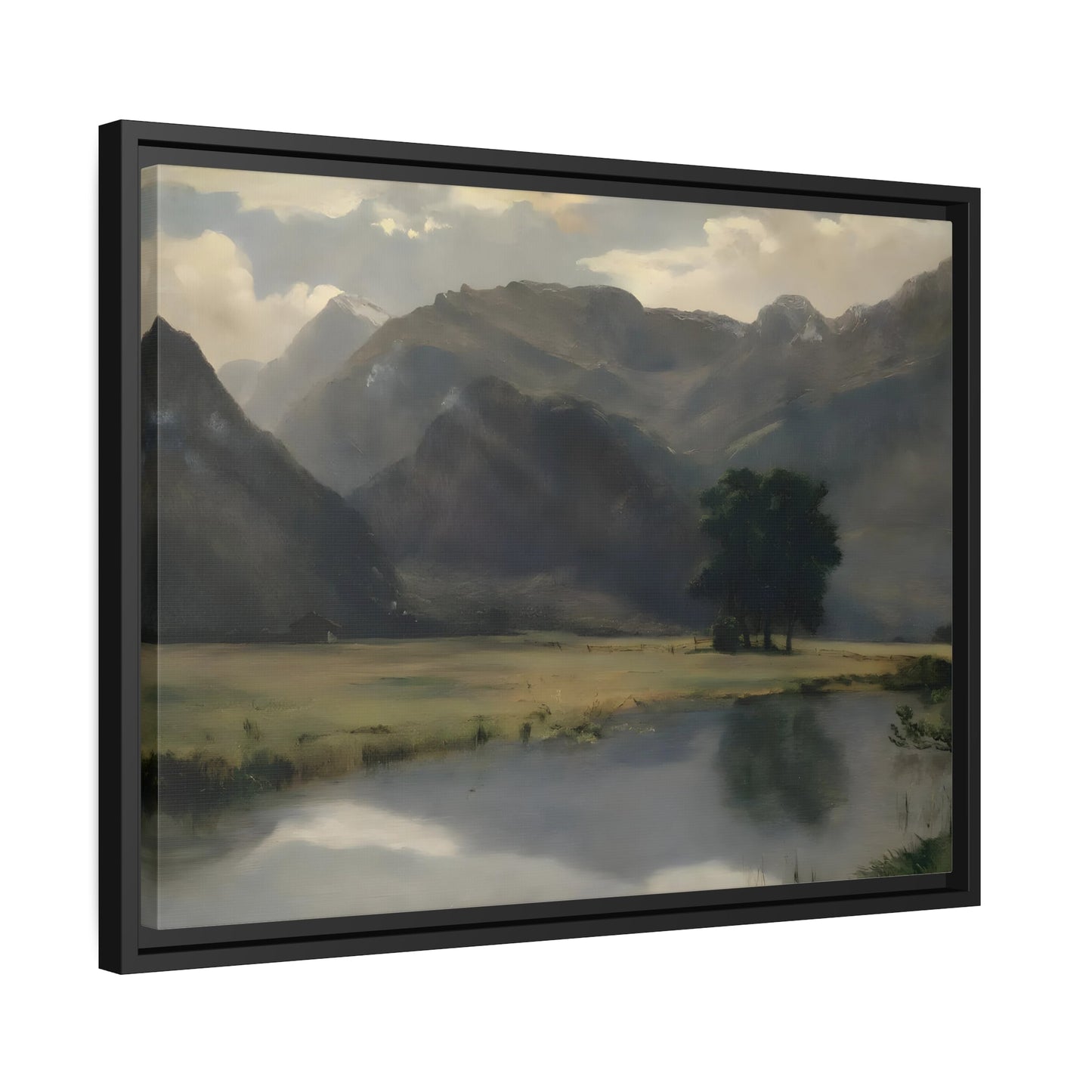 Mountain Landscape with Calm Serene Water Lake - Canvas Wall Art Print Framed in Stylish Frame