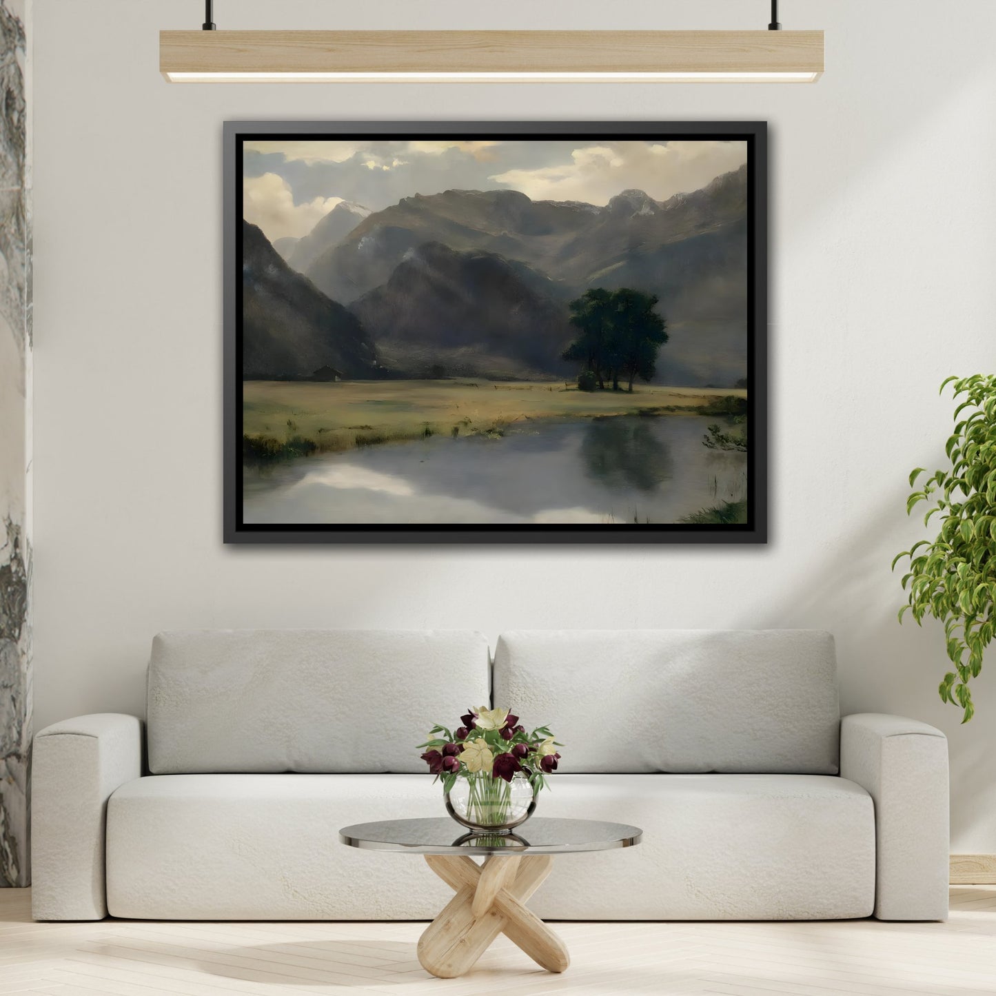 Mountain Landscape with Calm Serene Water Lake - Canvas Wall Art Print Framed in Stylish Frame