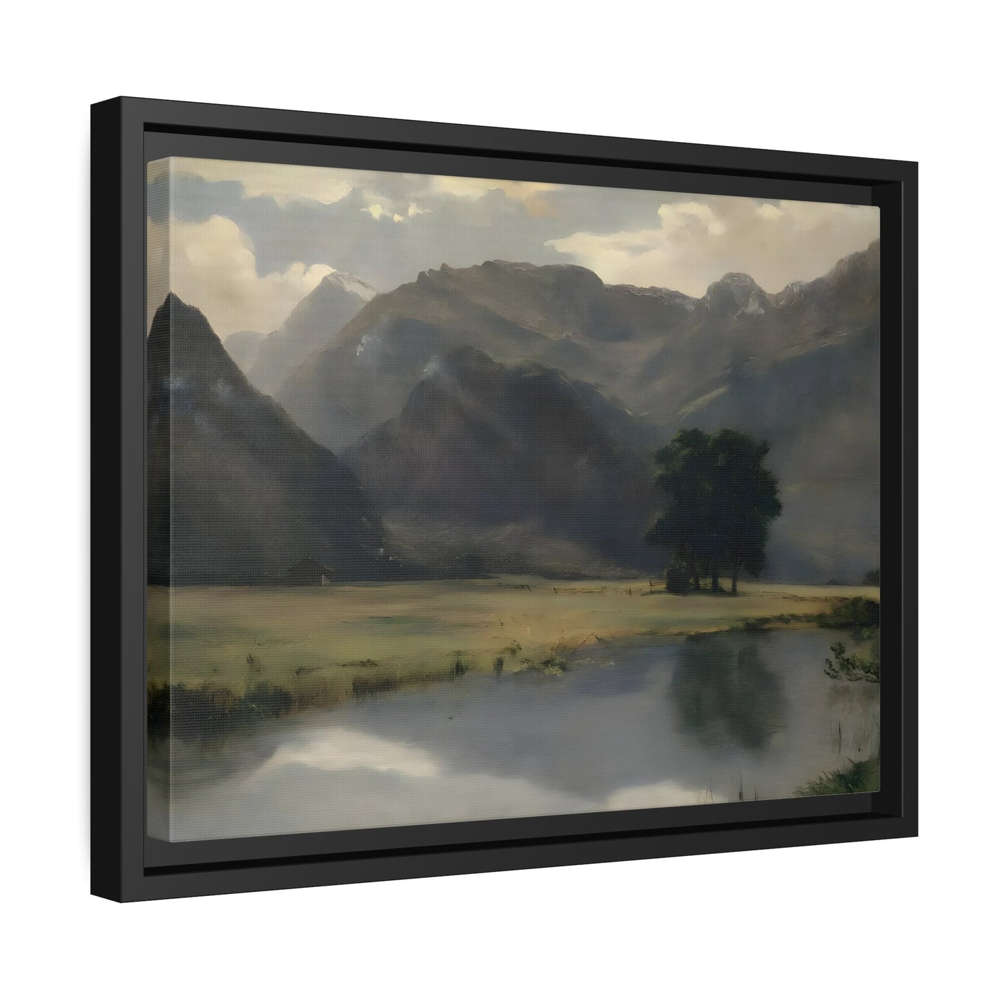 Mountain Landscape with Calm Serene Water Lake - Canvas Wall Art Print Framed in Stylish Frame