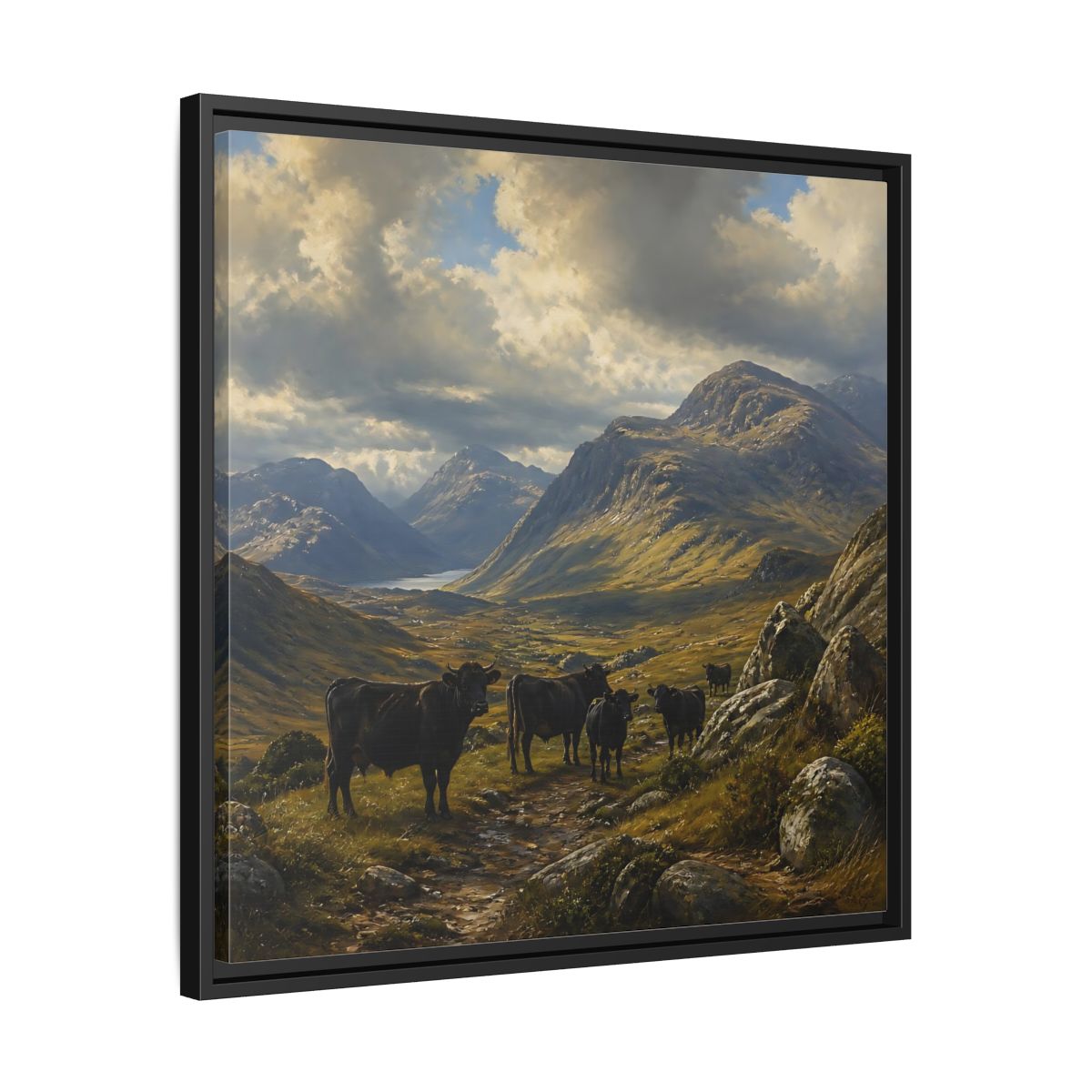 Side Mockup 31. Mountain Landscape With Cattle shown as framed canvas print