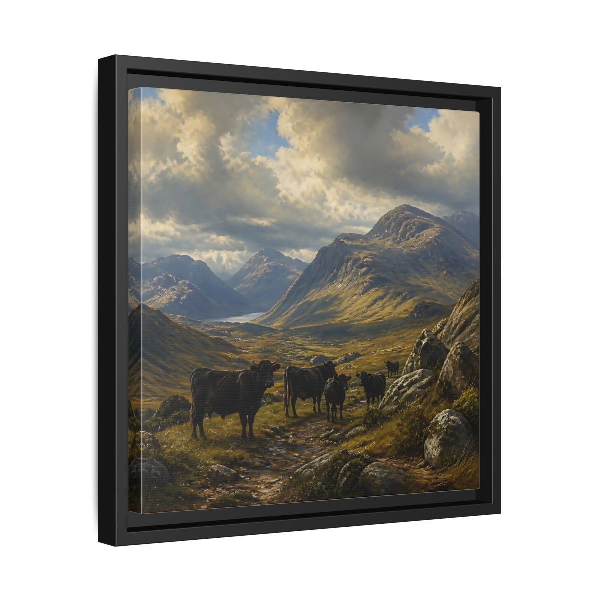Side Mockup 32. Mountain Landscape With Cattle shown as framed canvas print