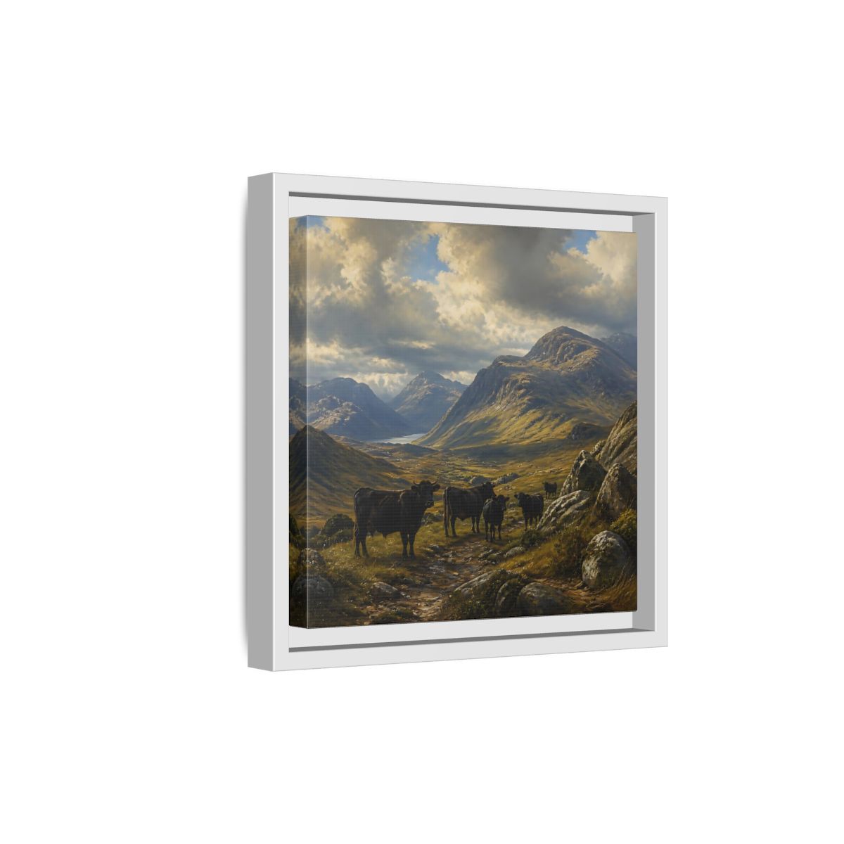 Side Mockup 19. Mountain Landscape With Cattle shown as framed canvas print