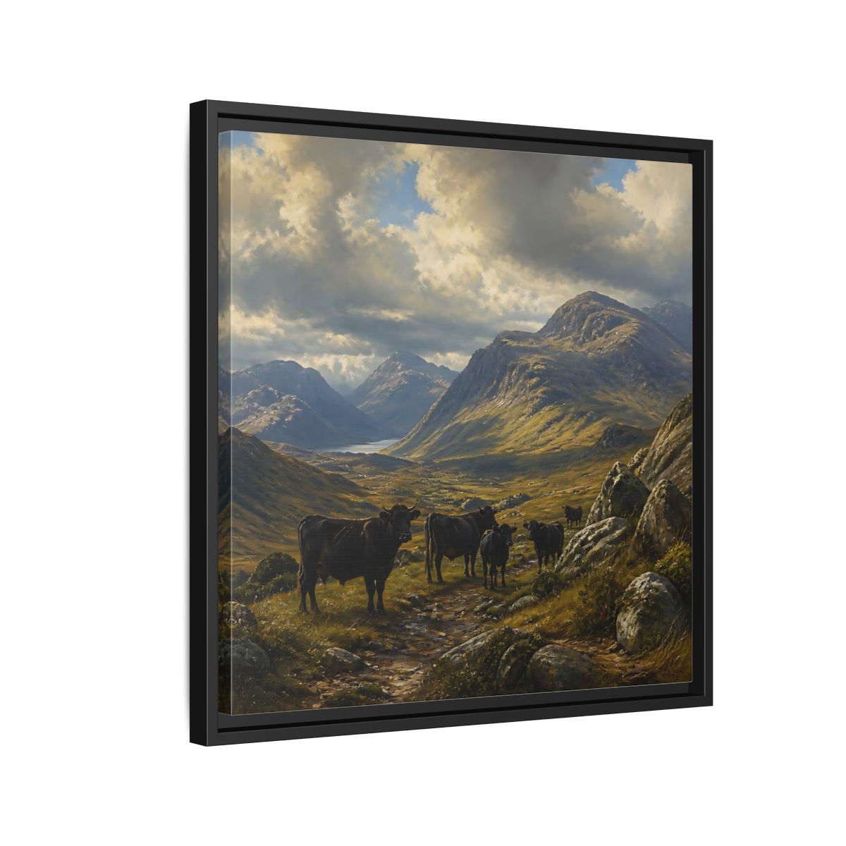 Side Mockup 12. Mountain Landscape With Cattle shown as framed canvas print