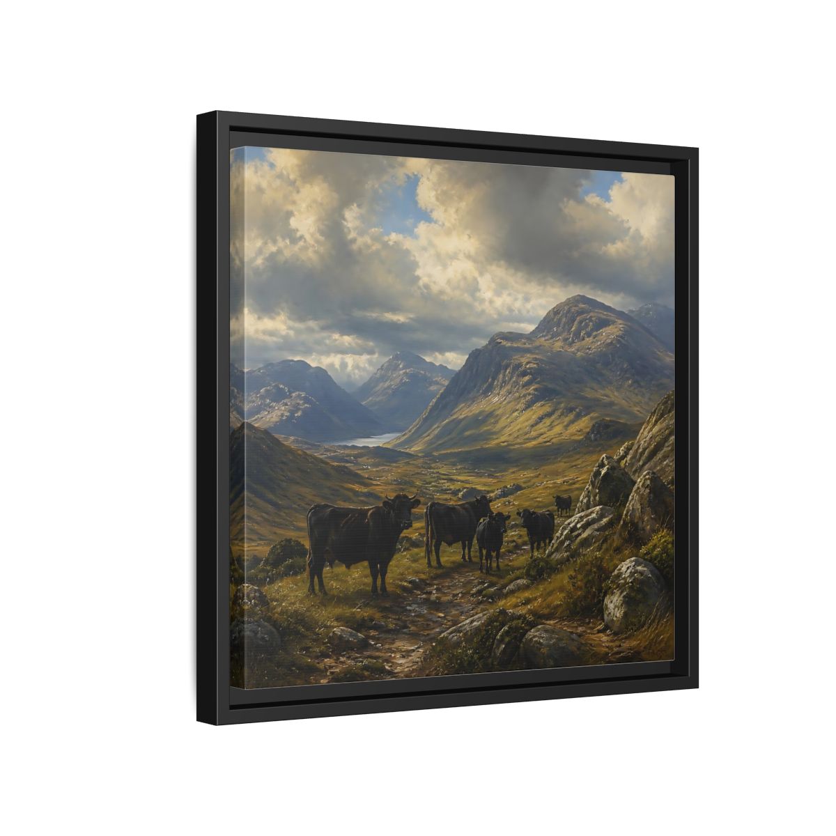Side Mockup 15. Mountain Landscape With Cattle shown as framed canvas print