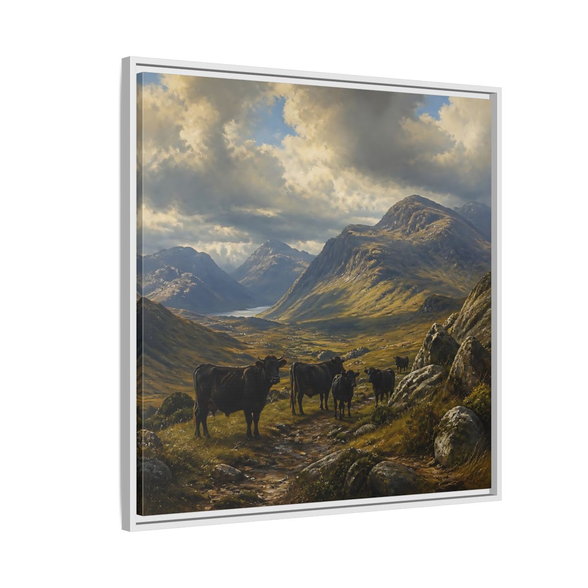 Side Mockup 7. Mountain Landscape With Cattle shown as framed canvas print