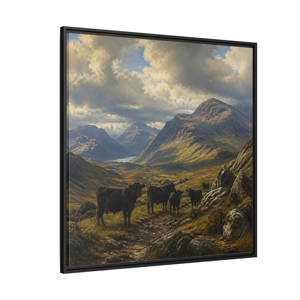 Side Mockup 6. Mountain Landscape With Cattle shown as framed canvas print