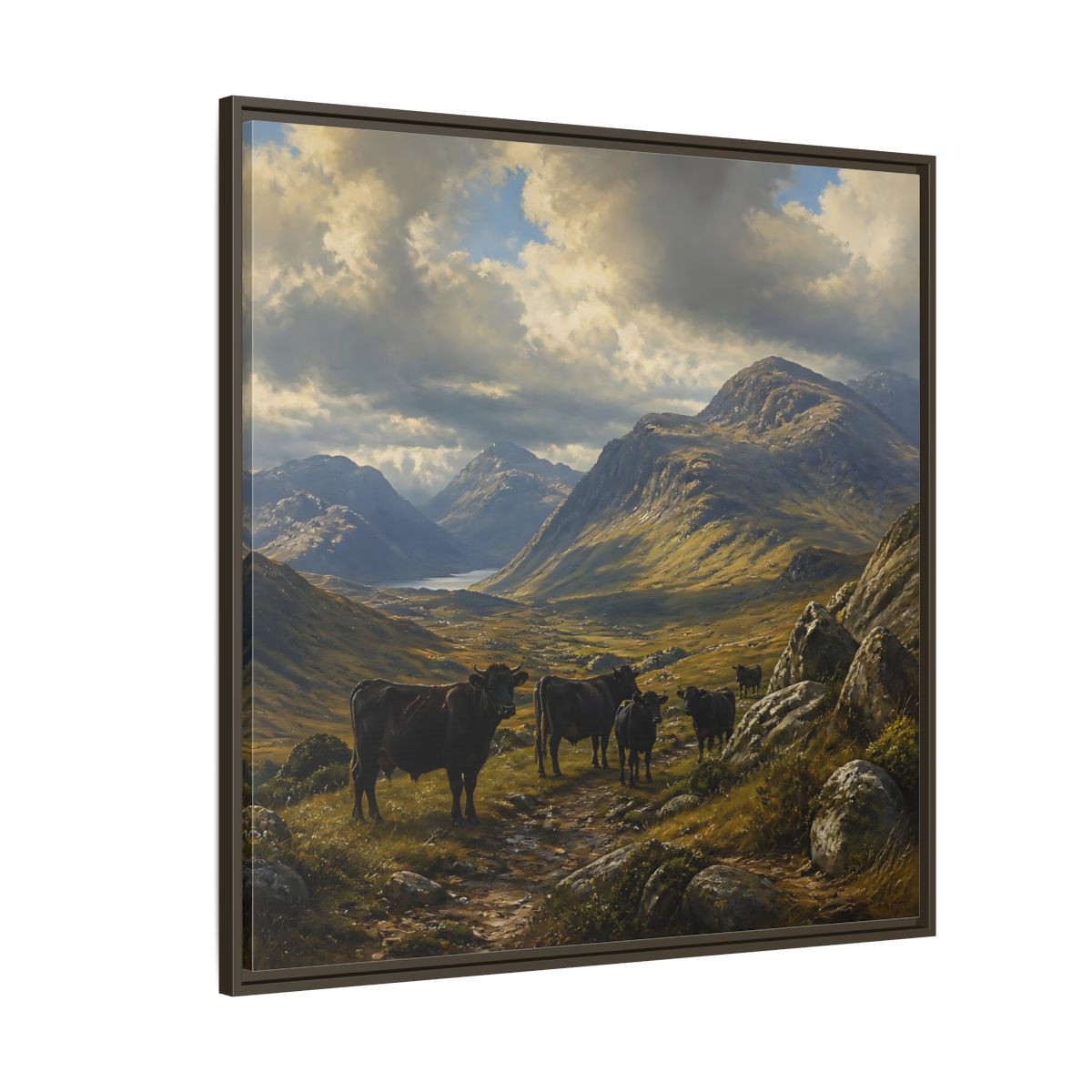 Side Mockup 5. Mountain Landscape With Cattle shown as framed canvas print