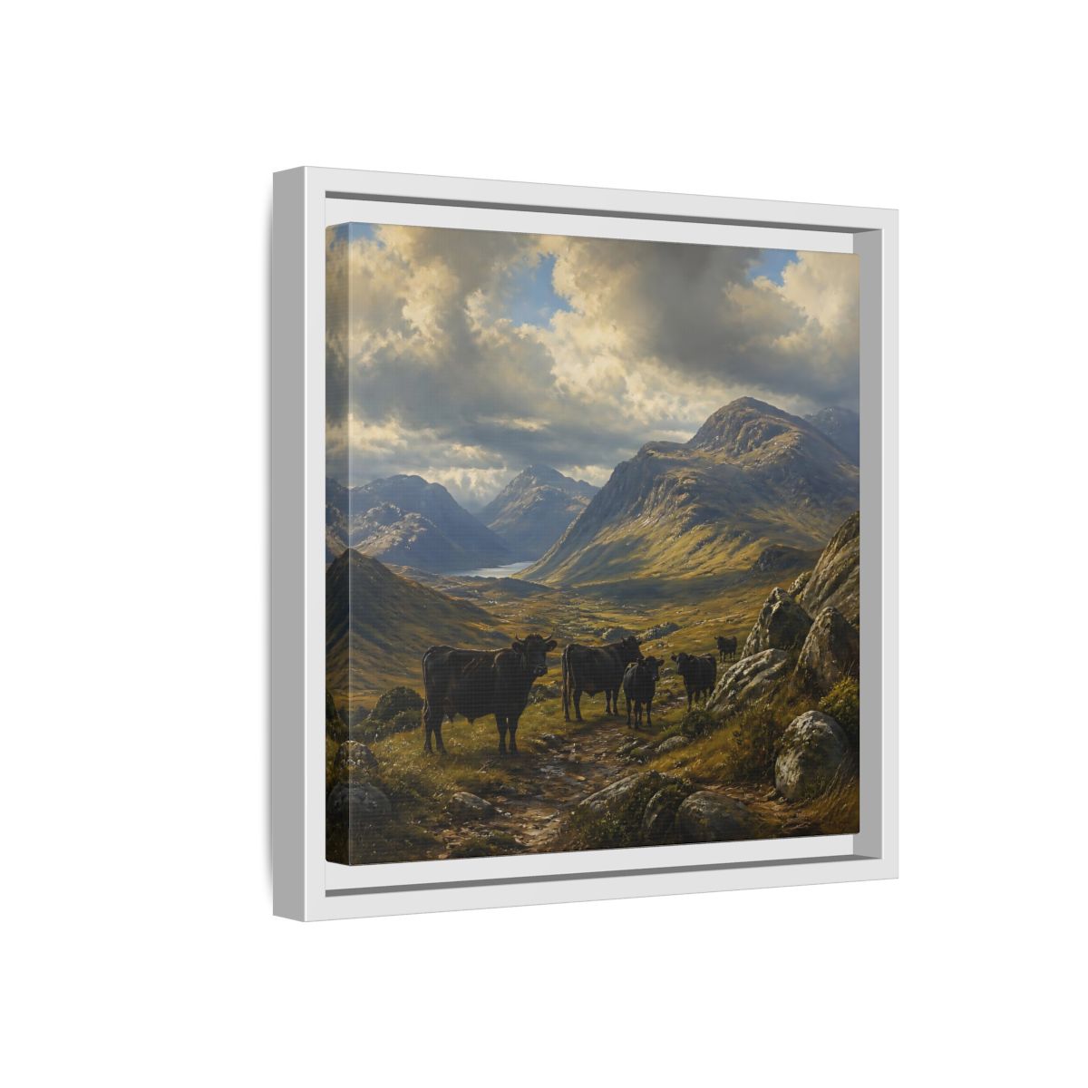 Side Mockup 16. Mountain Landscape With Cattle shown as framed canvas print