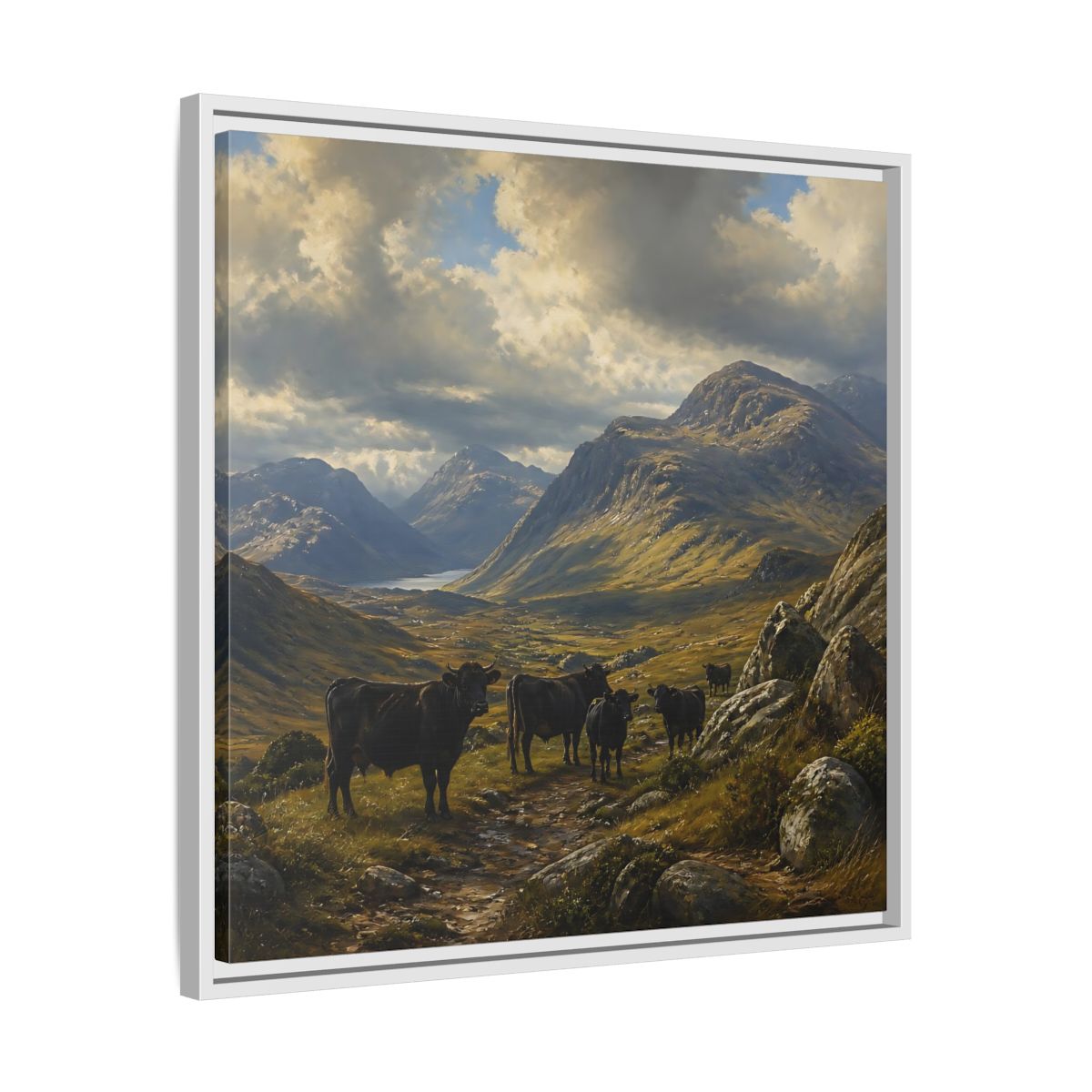 Side Mockup 26. Mountain Landscape With Cattle shown as framed canvas print